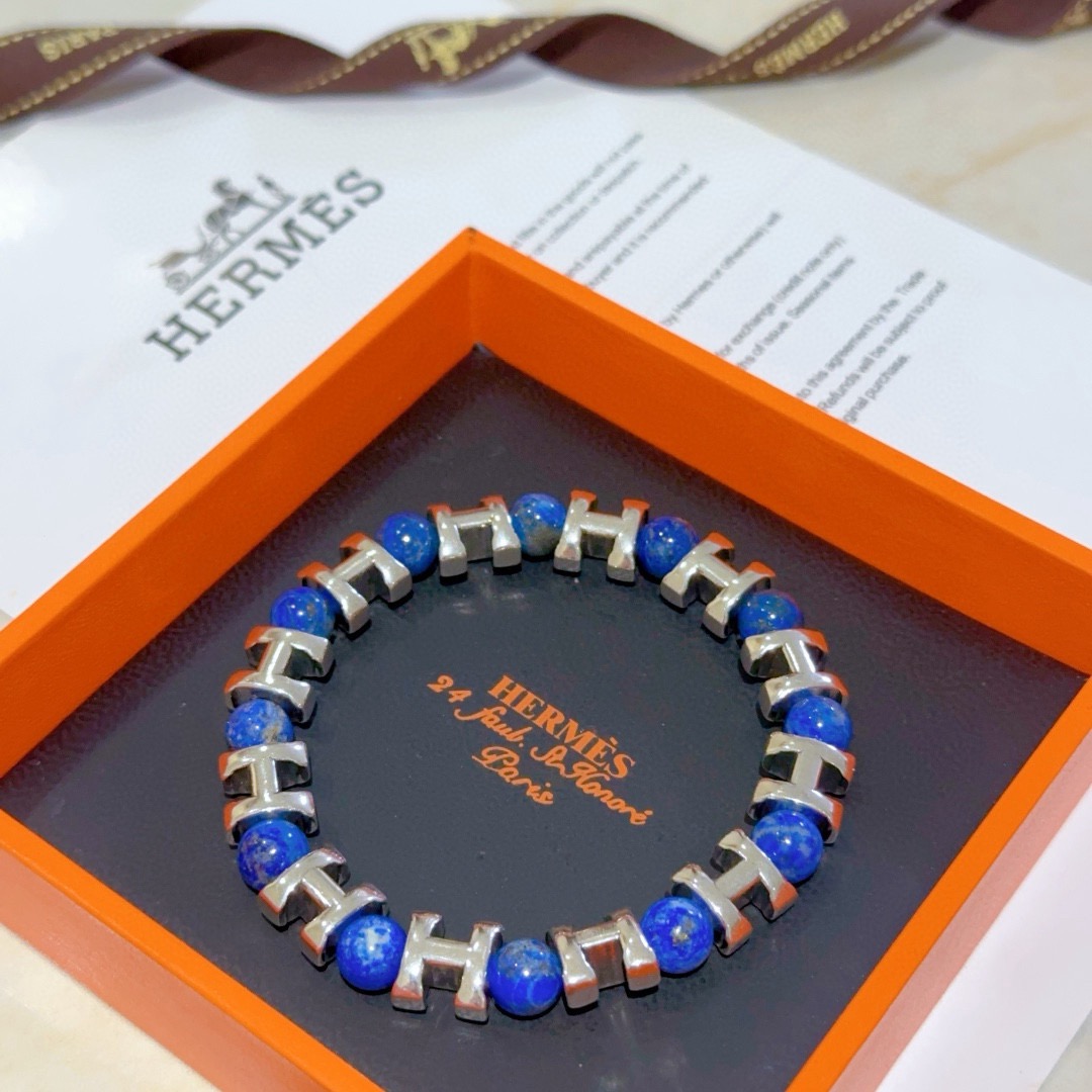 Bracciale Hermes Anger Forest H in metallo argentato con perline di lapislazzuli blu 19 cm