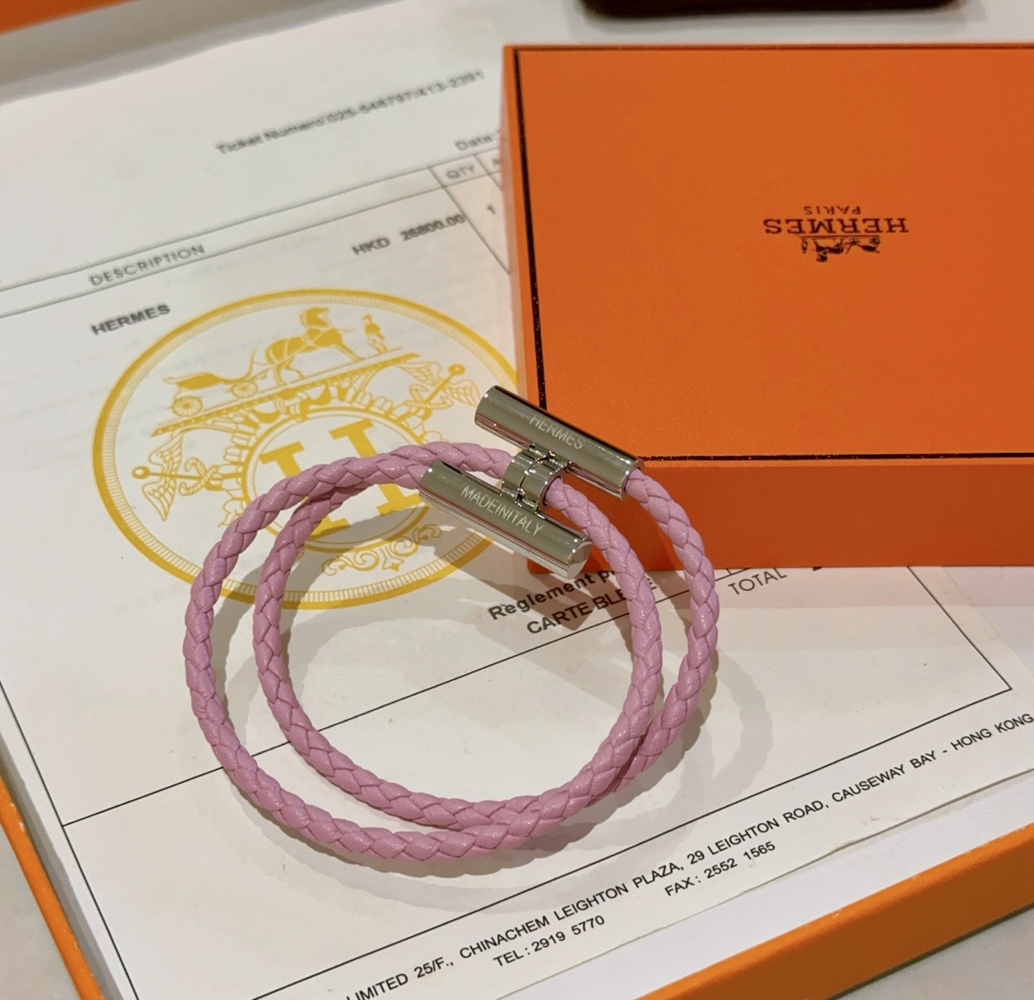 Bracciale Hermes Tournis Tresse Pelle intrecciata rosa chiaro con hardware in metallo color argento palladio T2