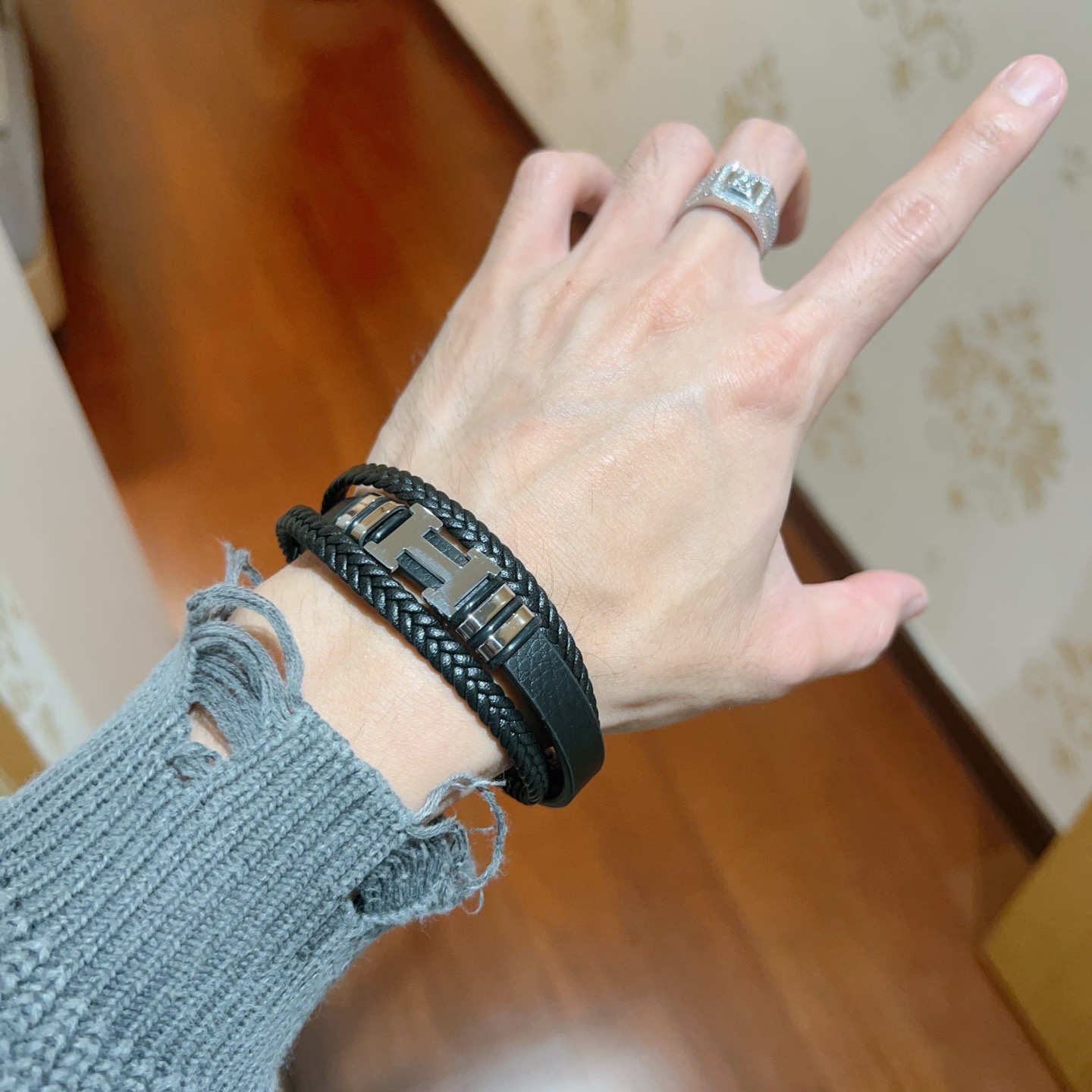 Bracciale Hermes New Anger Forest H Logo Bracciale in pelle intrecciata Pelle intrecciata nera Hardware in metallo placcato palladio argentato 19 cm