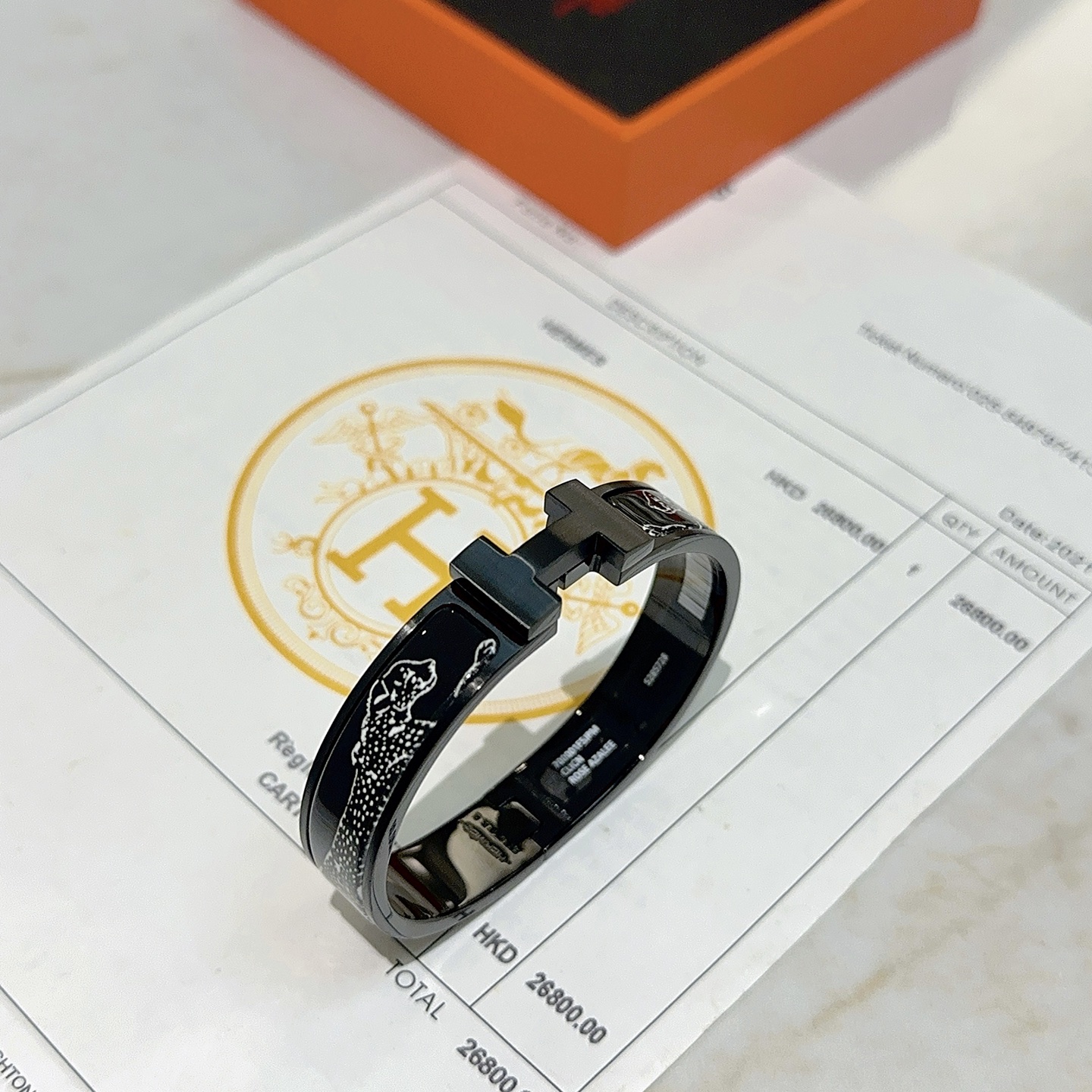 Bracciale Hermes Clic H Rose Azalee Cheetah Print Metallo nero opaco con smalto bianco stampa ghepardo smalto interno rosso 17