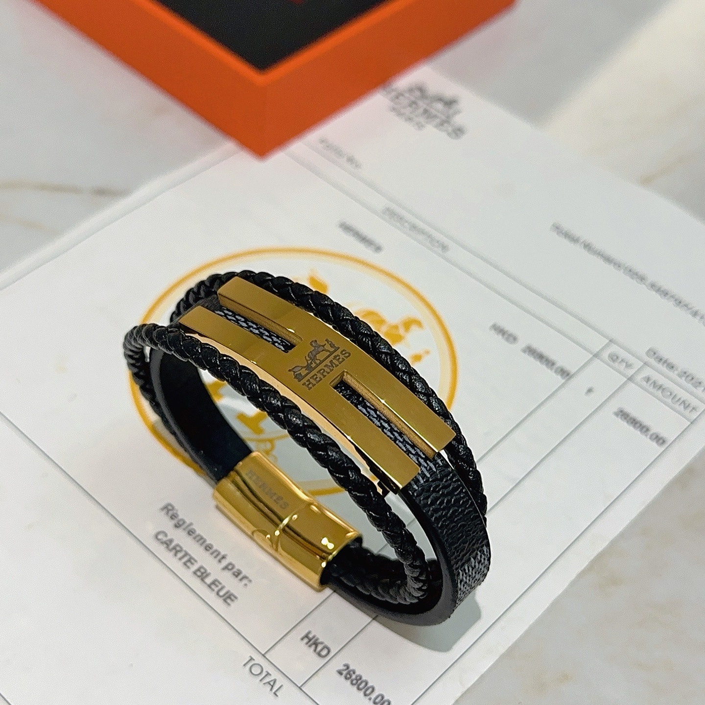 Bracciale Hermes Anger Forest in metallo color oro, pelle intrecciata nera, pelle martellata nera 20 cm
