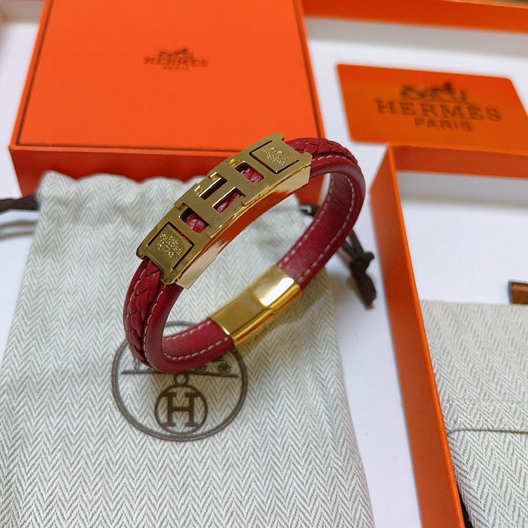 Bracciale Hermes serie H Metallo placcato oro pelle intrecciata rossa T2
