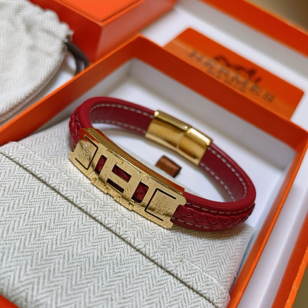 Bracciale Hermes serie H Metallo placcato oro pelle intrecciata rossa T2