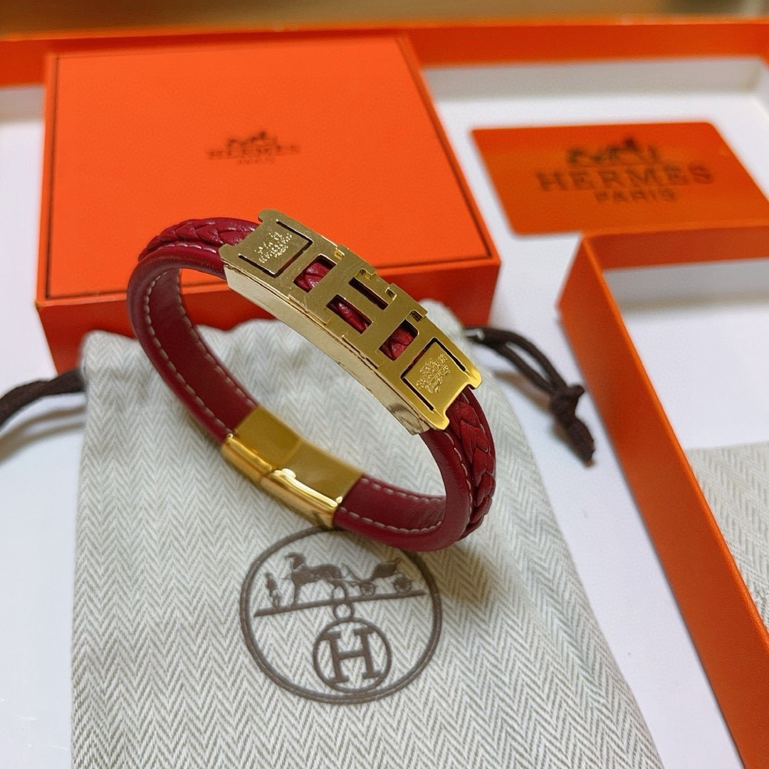 Bracciale Hermes serie H Metallo placcato oro pelle intrecciata rossa T2