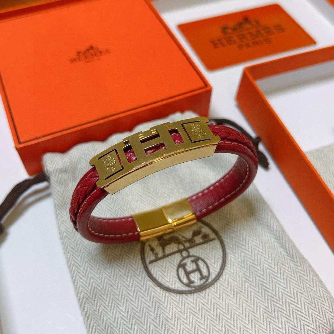 Bracciale Hermes serie H Metallo placcato oro pelle intrecciata rossa T2