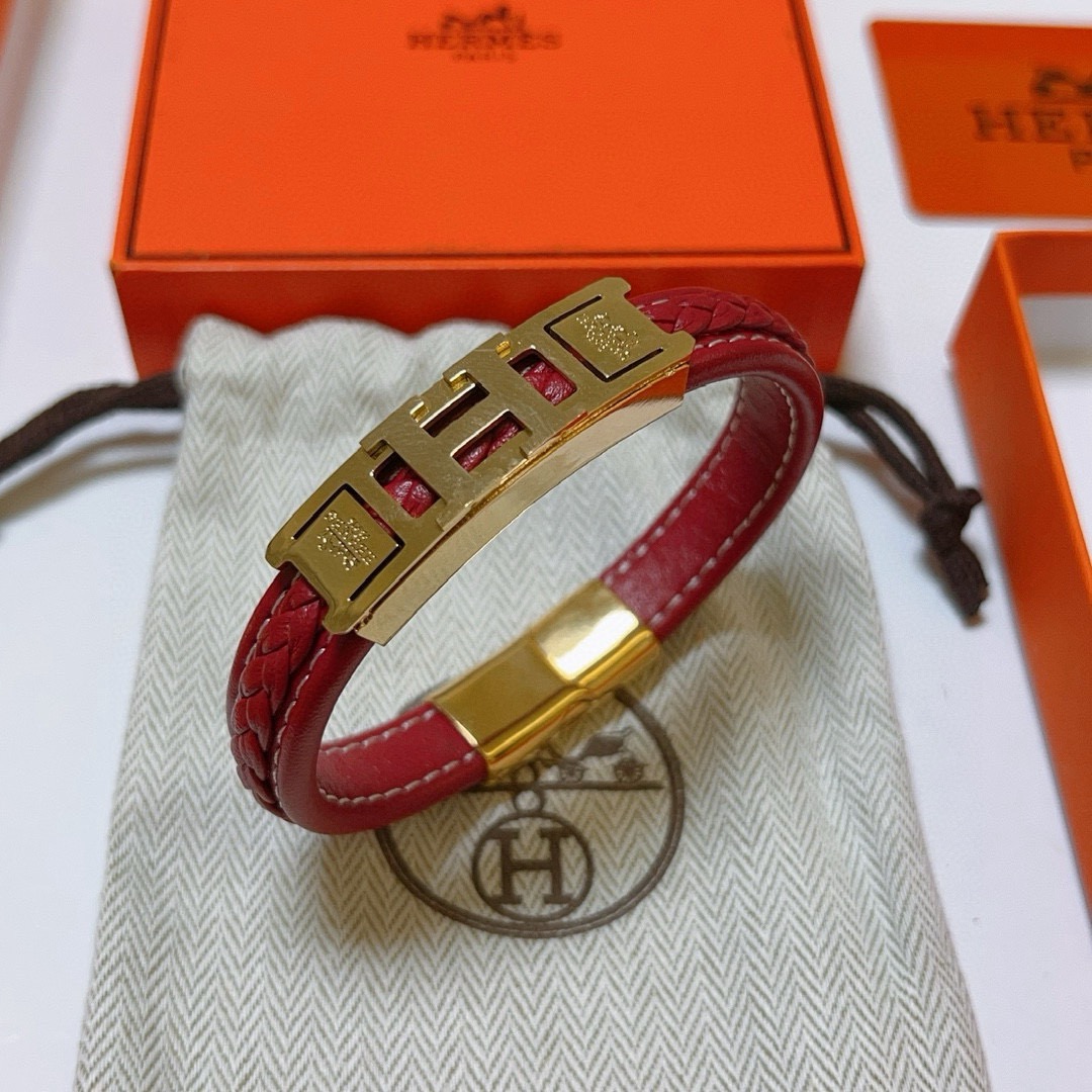 Bracciale Hermes serie H Metallo placcato oro pelle intrecciata rossa T2