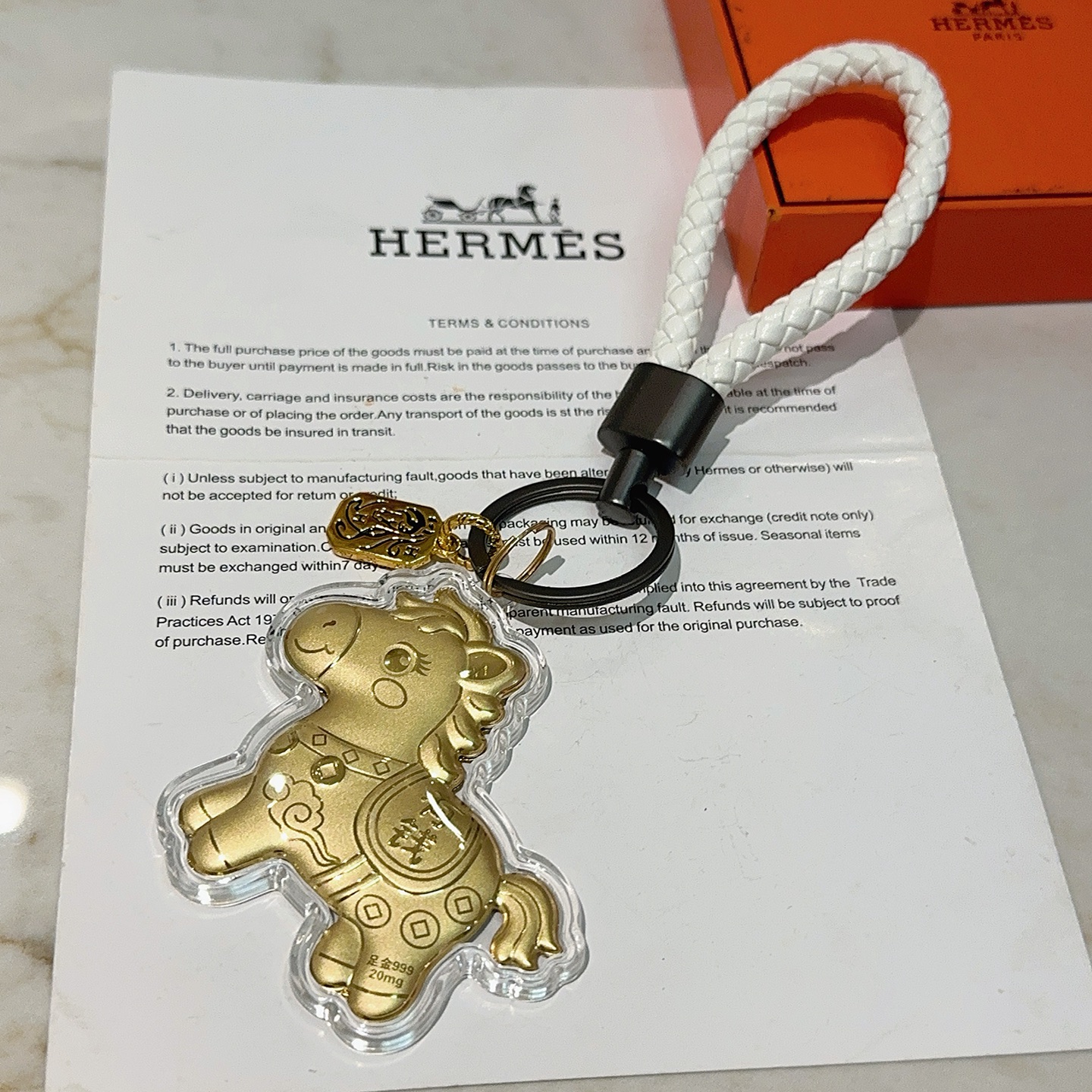 Ciondolo Hermes bianco nero oro 999 12 cm