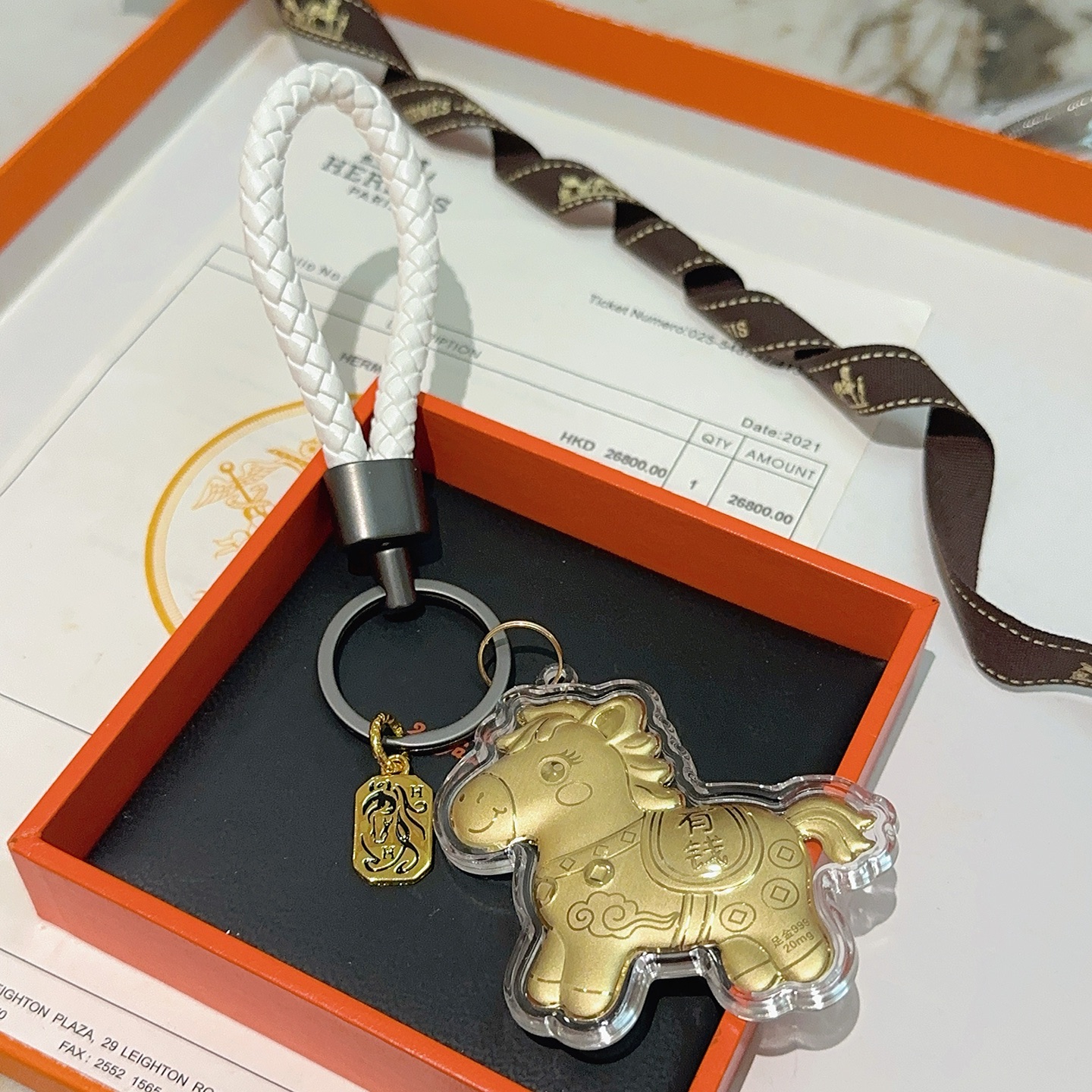 Ciondolo Hermes bianco nero oro 999 12 cm