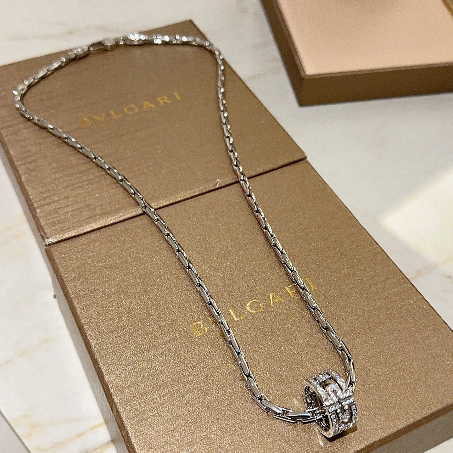 Bvlgari Parentesi necklace silver-toned white gold with pave set clear diamonds 50cm