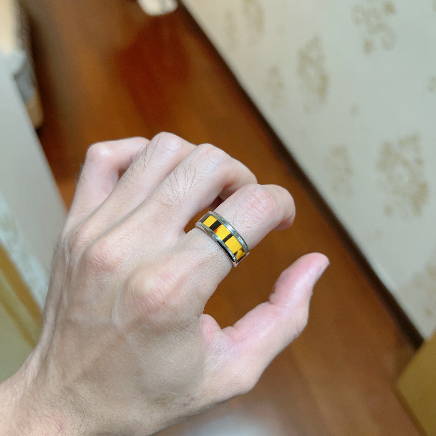 Bvlgari B zero1 ring Silver-toned stainless steel with yellow and black enamel inlay 60