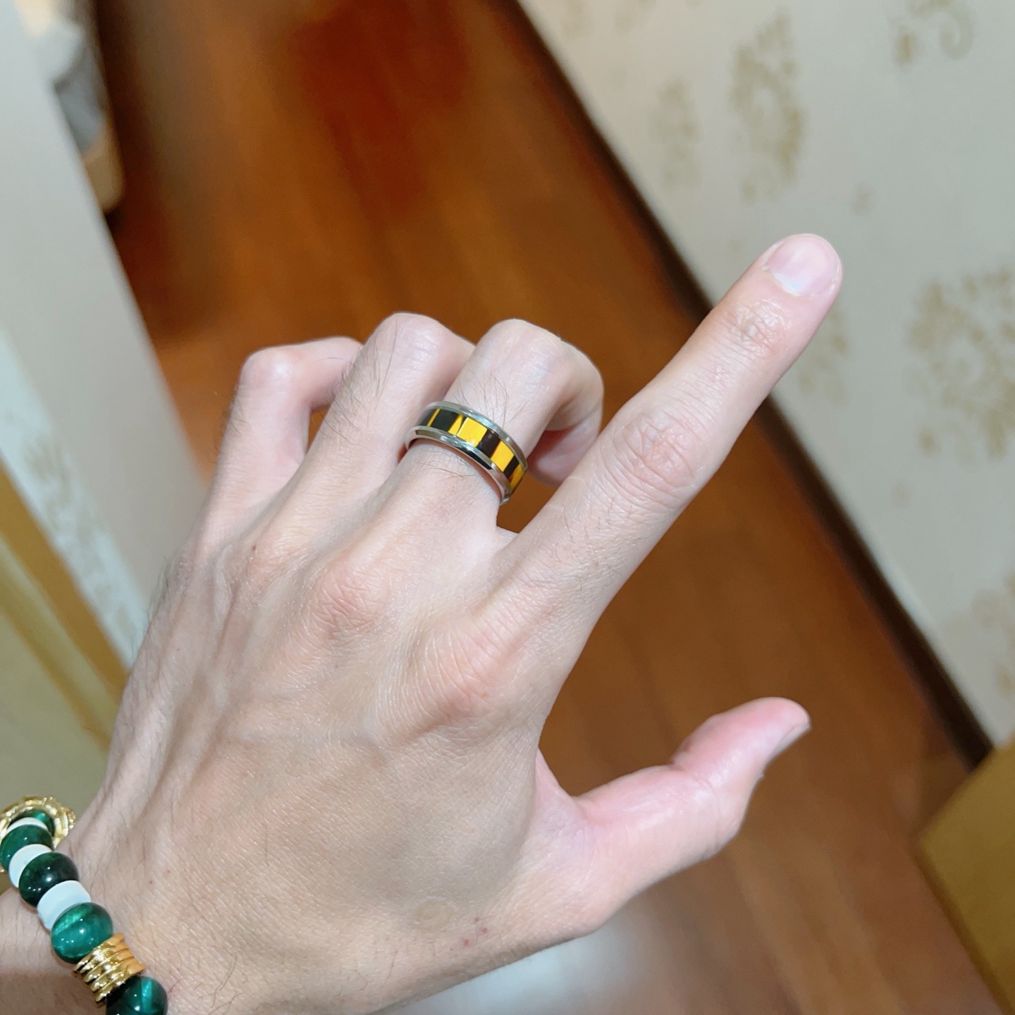 Bvlgari B zero1 ring Silver-toned stainless steel with yellow and black enamel inlay 60