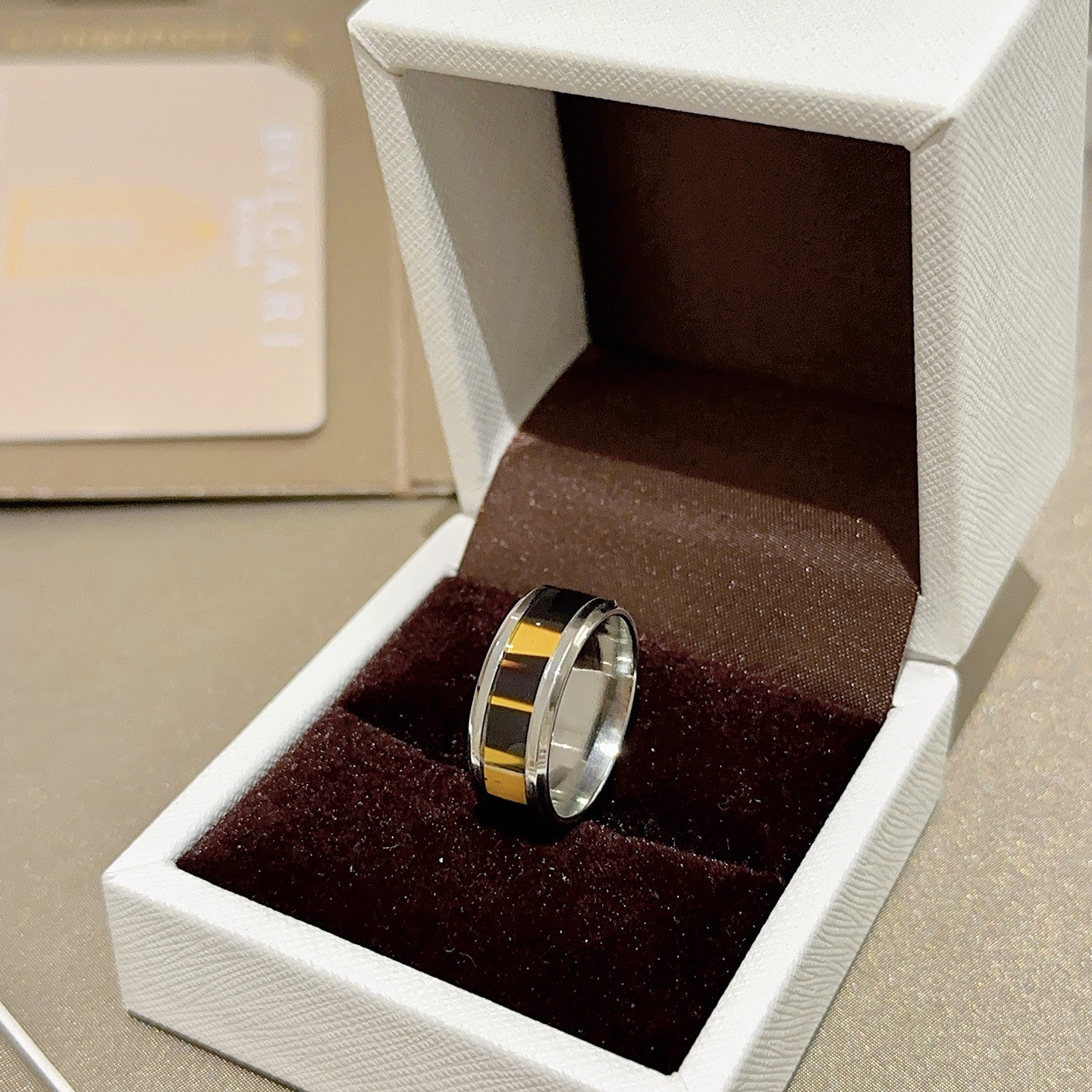 Bvlgari B zero1 ring Silver-toned stainless steel with yellow and black enamel inlay 60