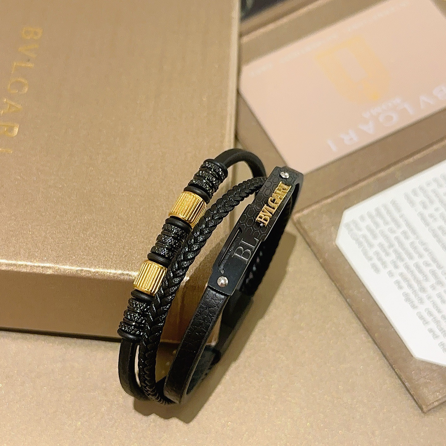 Bvlgari Serpenti Forever bracelet Black leather with gold-tone metal accents and black pave stone details 19cm