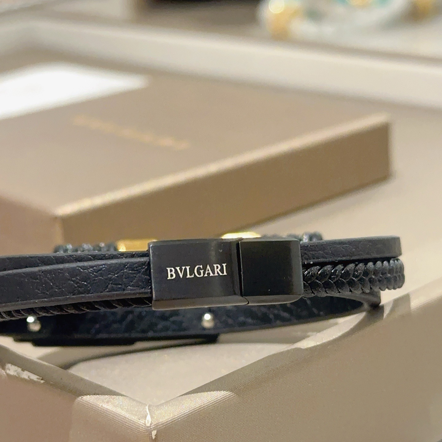 Bvlgari Serpenti Forever bracelet Black leather with gold-tone metal accents and black pave stone details 19cm