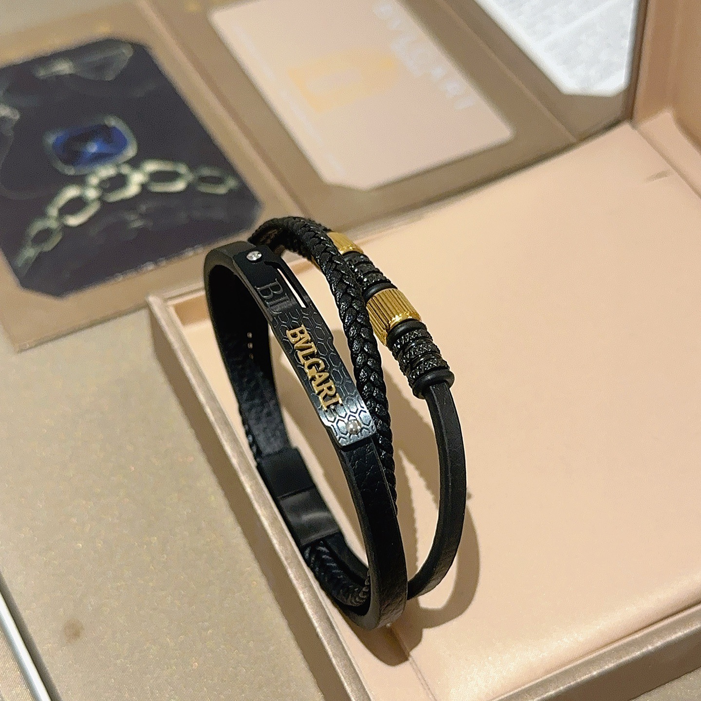 Bvlgari Serpenti Forever bracelet Black leather with gold-tone metal accents and black pave stone details 19cm