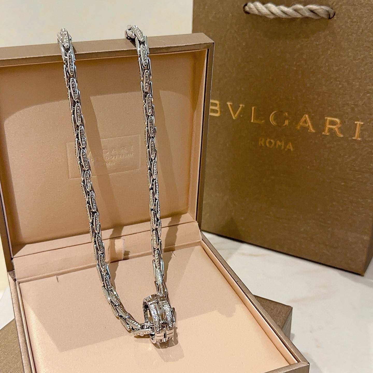 Bvlgari B zero1 necklace silver-toned white gold with pave clear diamonds 45cm