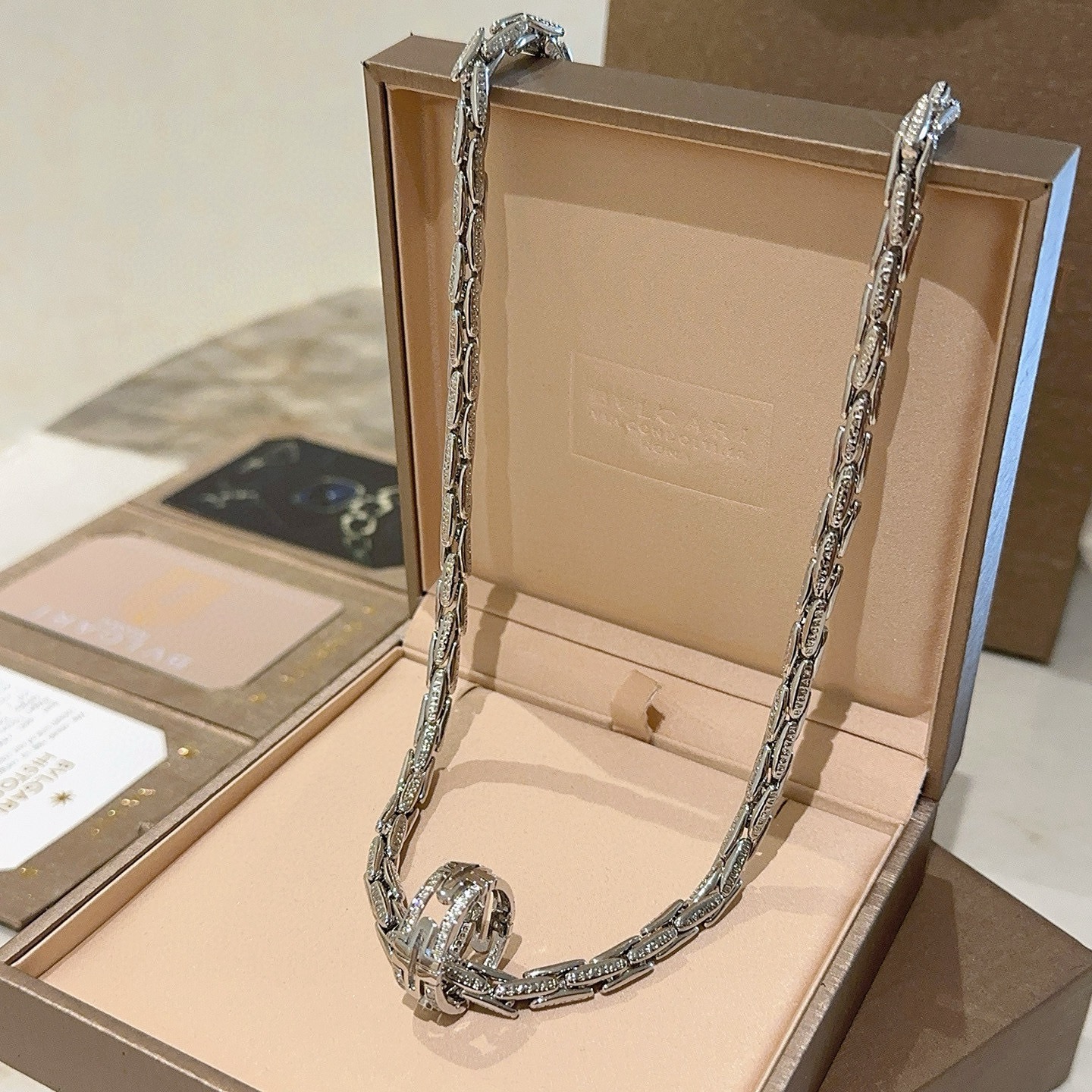 Bvlgari B zero1 necklace silver-toned white gold with pave clear diamonds 45cm