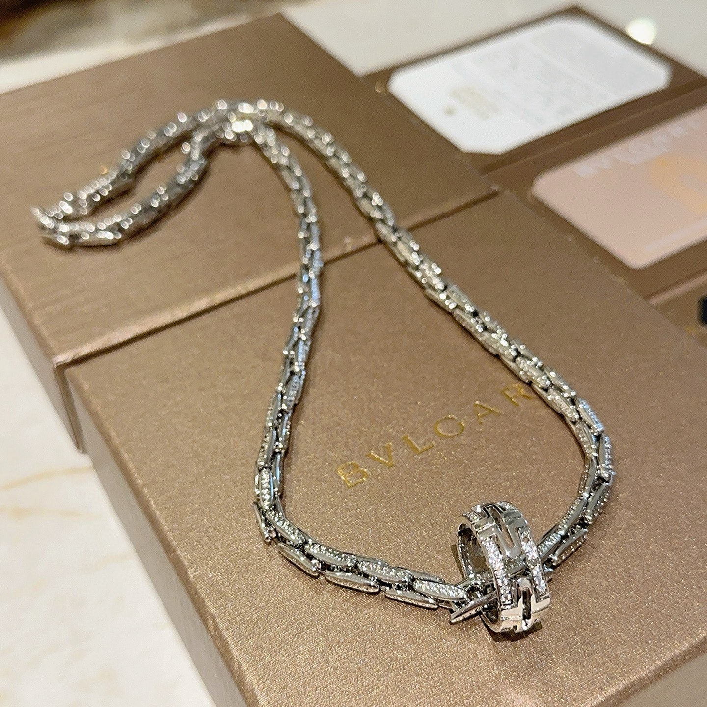 Bvlgari B zero1 necklace silver-toned white gold with pave clear diamonds 45cm