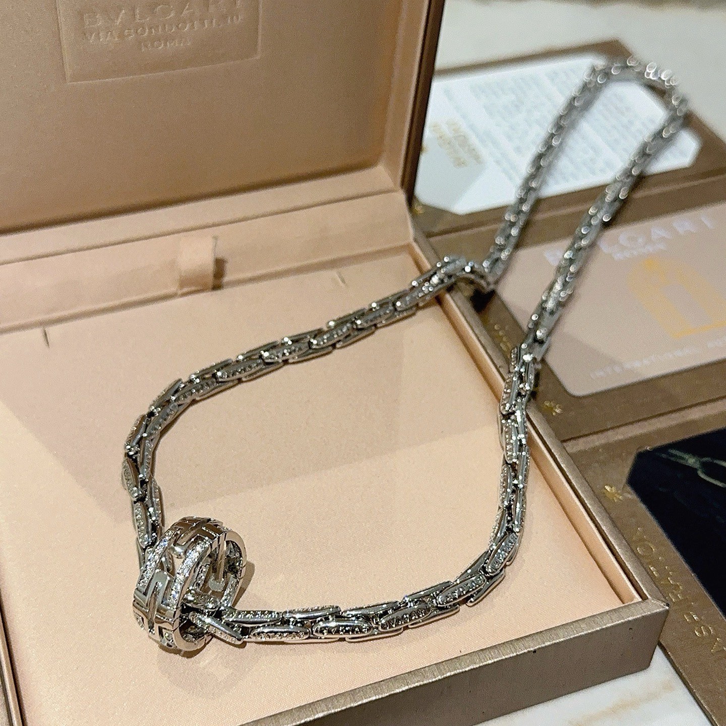 Bvlgari B zero1 necklace silver-toned white gold with pave clear diamonds 45cm