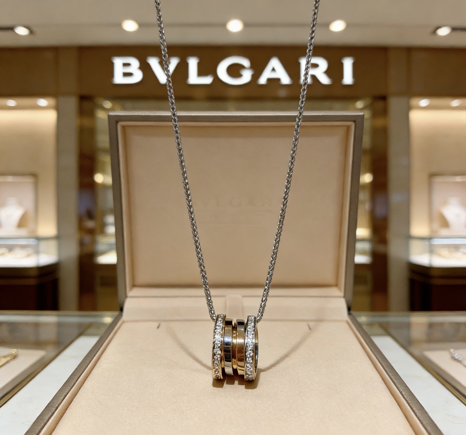 Bvlgari B zero1 necklace Silver-toned stainless steel 18k rose gold clear pave diamonds black ceramic 60cm