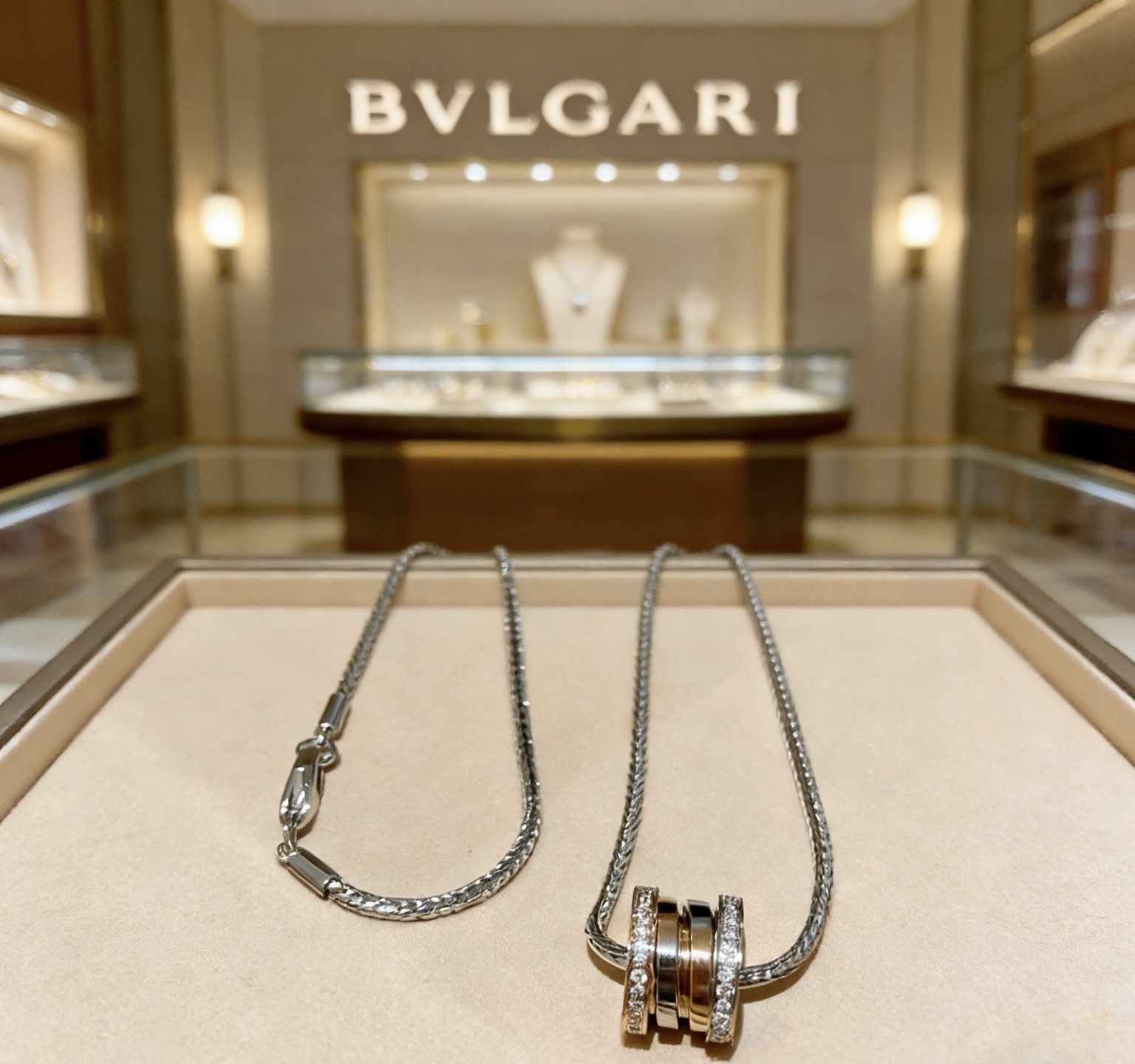 Bvlgari B zero1 necklace Silver-toned stainless steel 18k rose gold clear pave diamonds black ceramic 60cm