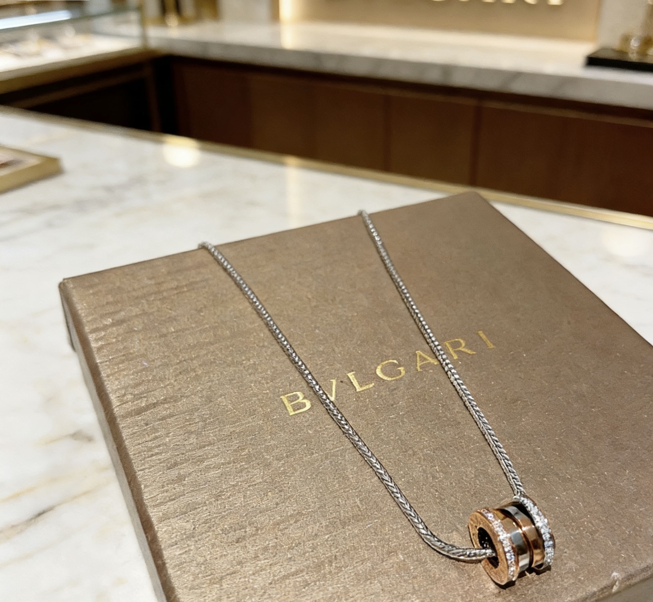 Bvlgari B zero1 necklace Silver-toned stainless steel 18k rose gold clear pave diamonds black ceramic 60cm