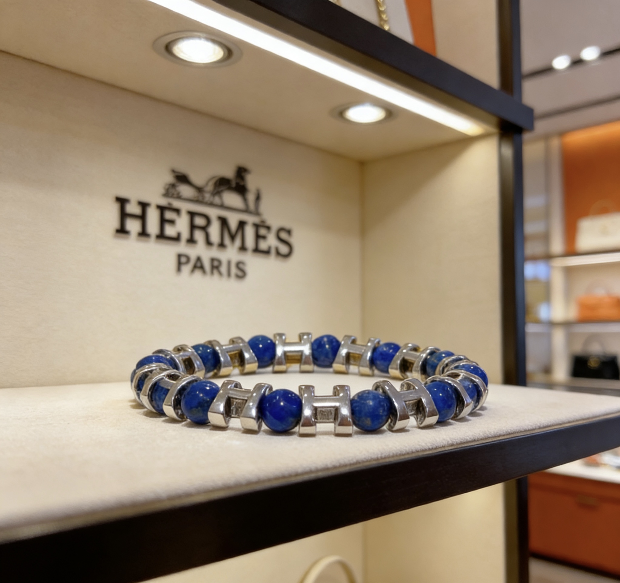 Pulsera Hermes Anger Forest H d Ancre Metal plateado con cuentas de lapislázuli azul 19cm