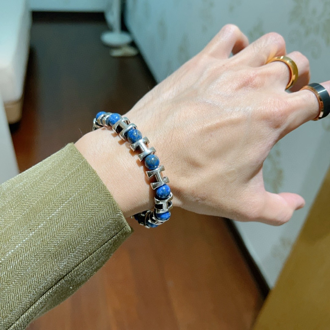 Pulsera Hermes Anger Forest H d Ancre Metal plateado con cuentas de lapislázuli azul 19cm