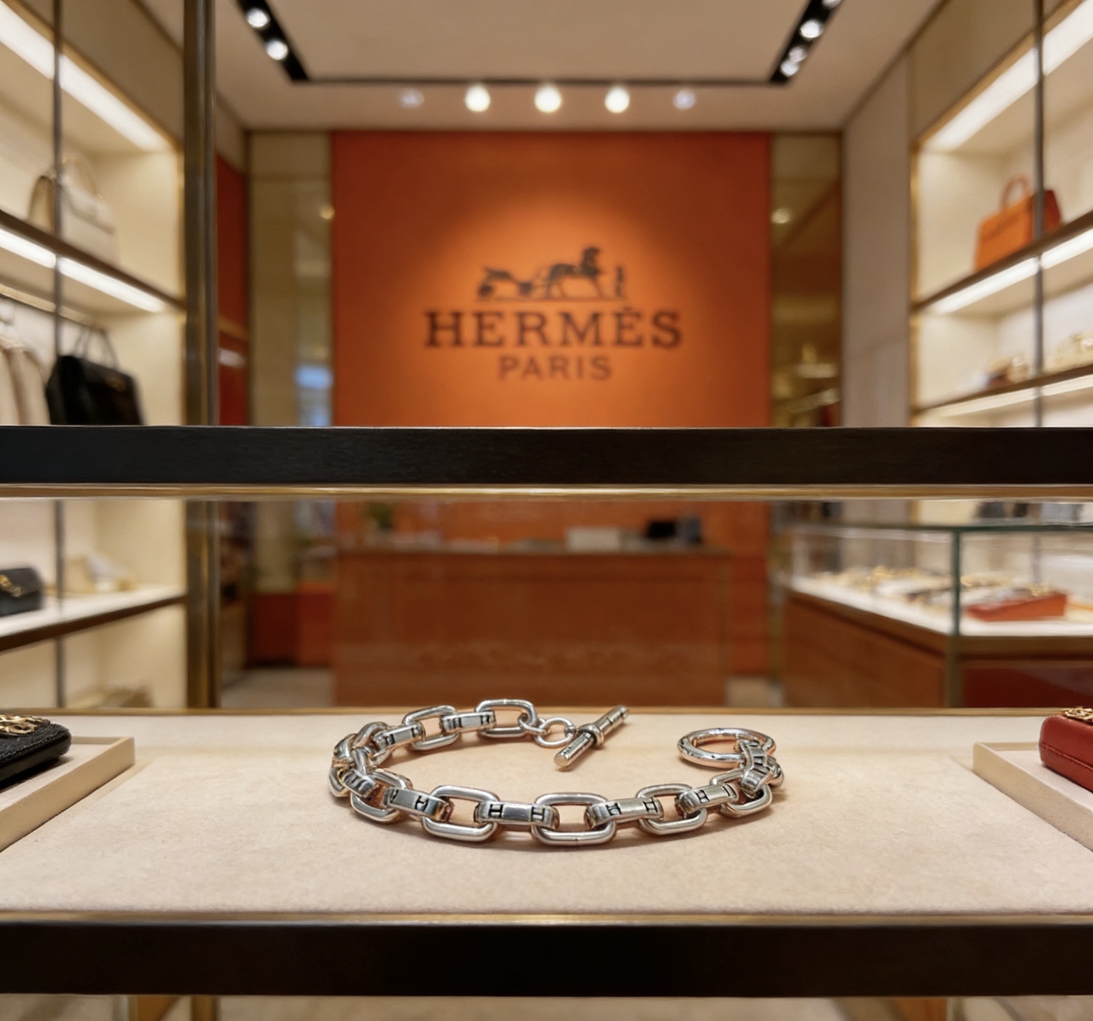 Hermes Chaine d Ancre H inciso braccialetto a catena toggle bracciale in metallo argentato con dettagli H neri incisi 19 cm