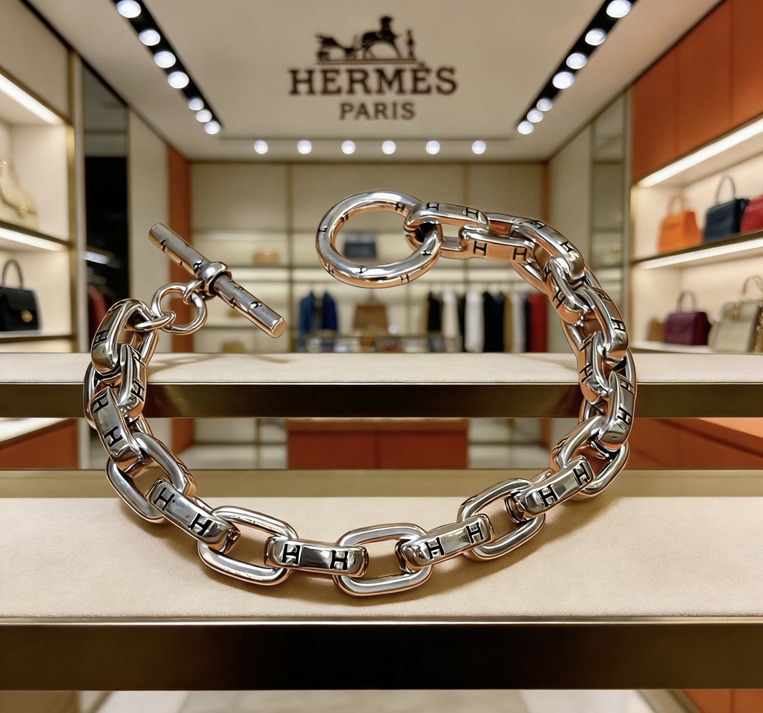 Hermes Chaine d Ancre H inciso braccialetto a catena toggle bracciale in metallo argentato con dettagli H neri incisi 19 cm