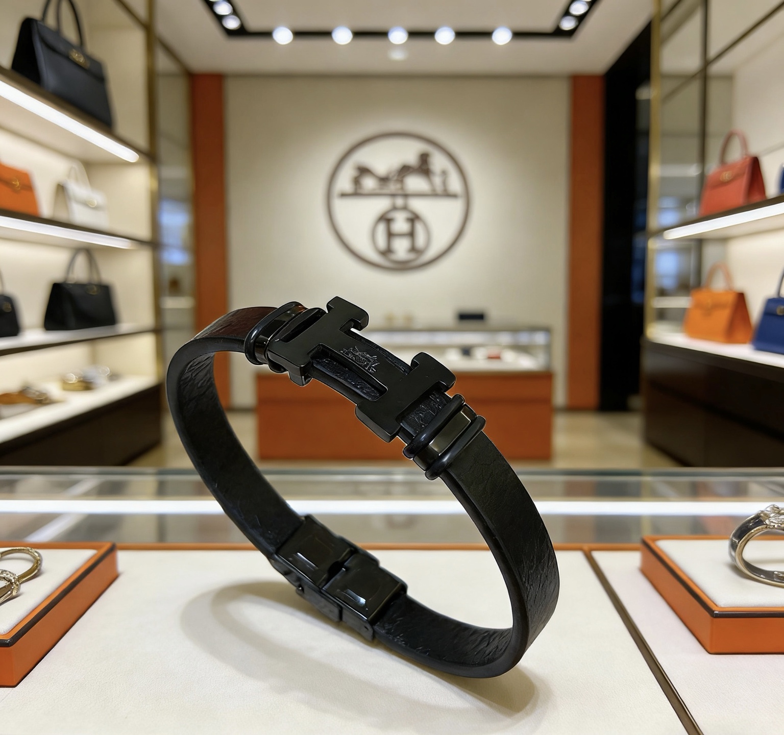 Bracciale Hermes Clic H metallo nero opaco pelle nera 19 cm
