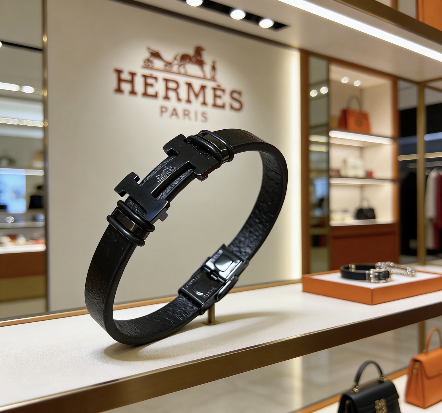 Bracciale Hermes Clic H metallo nero opaco pelle nera 19 cm