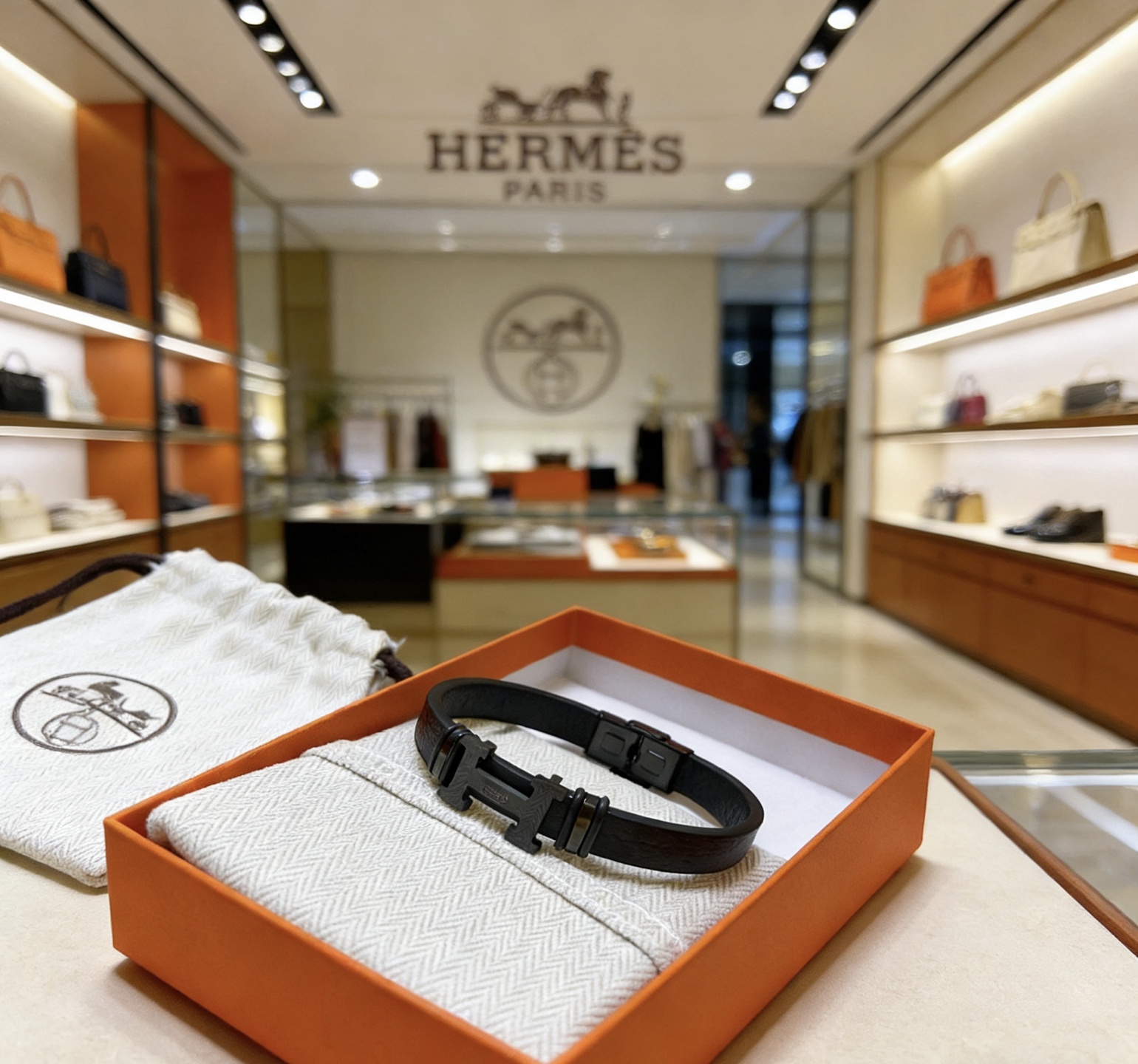 Bracciale Hermes Clic H metallo nero opaco pelle nera 19 cm
