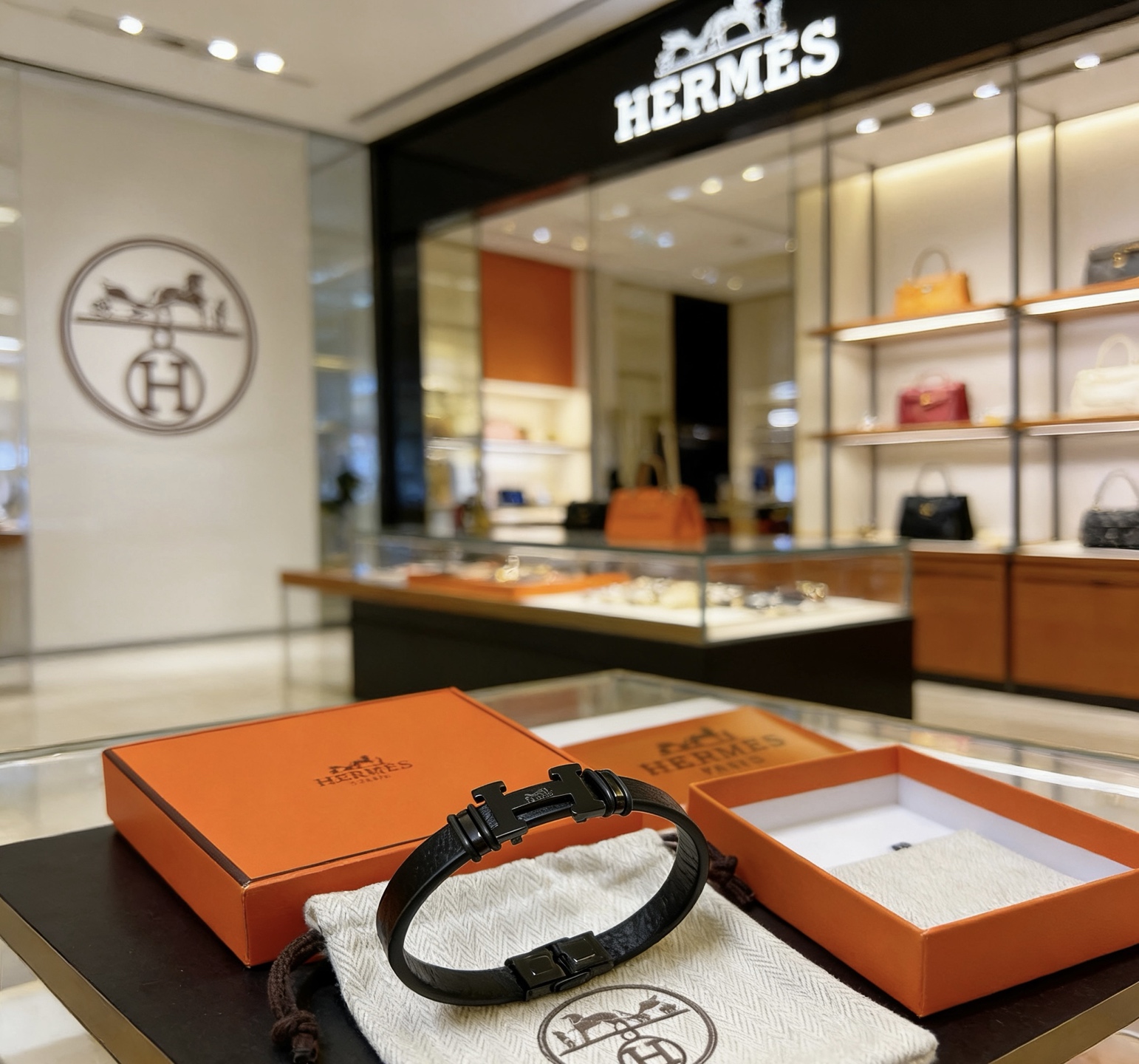 Bracciale Hermes Clic H metallo nero opaco pelle nera 19 cm