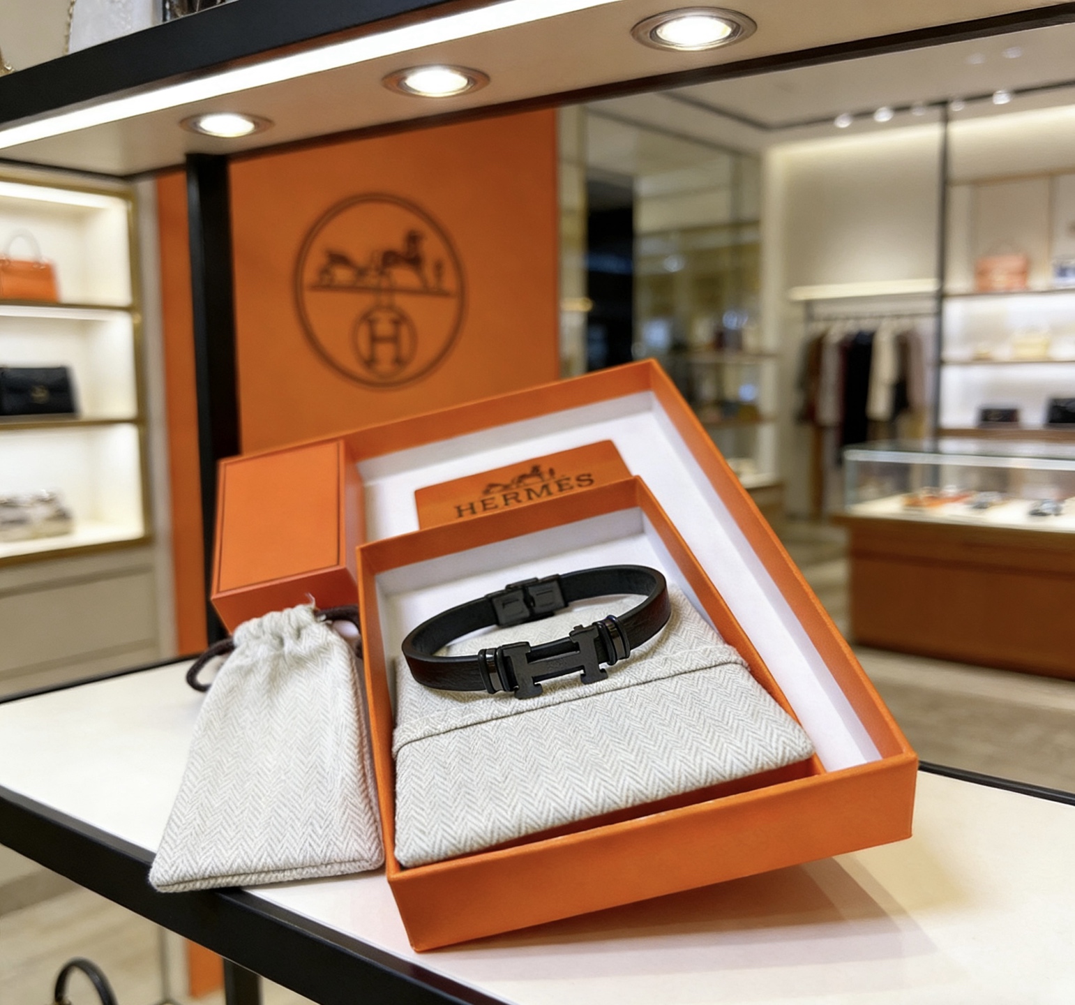Bracciale Hermes Clic H metallo nero opaco pelle nera 19 cm