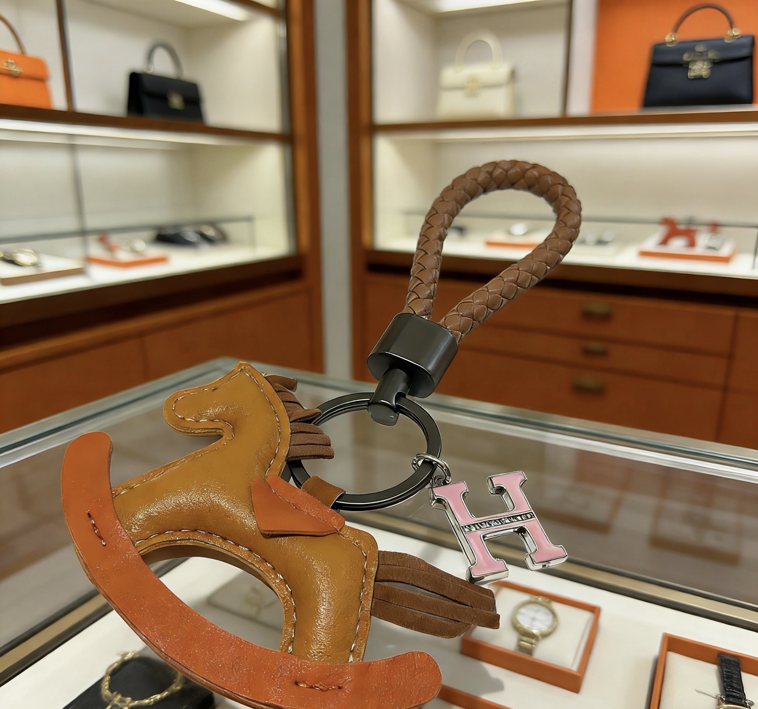 Hermes Rocking Horse H Charm Porte-clés pendentif Cuir tressé marron beige cuir orange charme de cheval à bascule matériel en bronze à canon émail rose Charme H avec détails argentés 12 cm de longueur totale