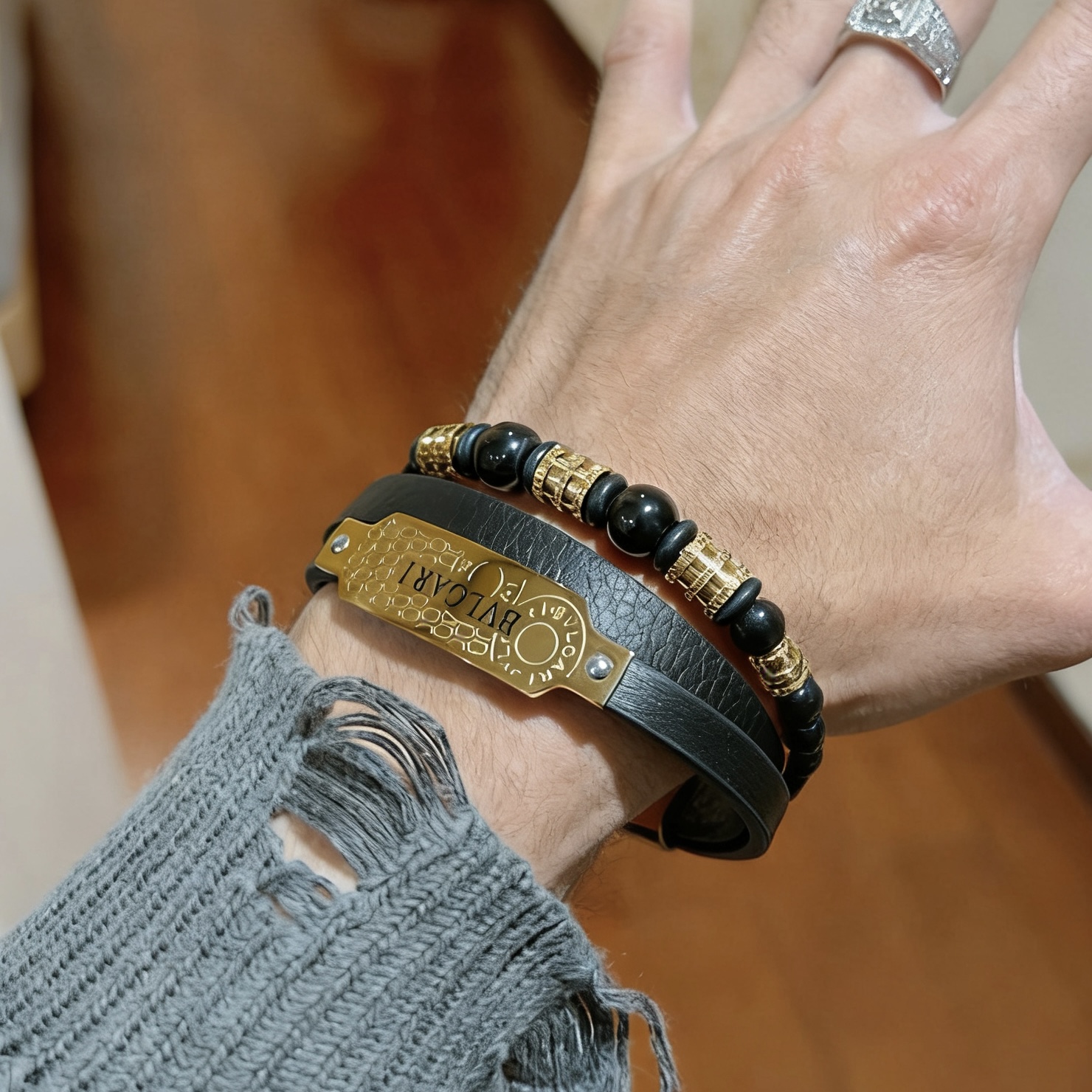 Bvlgari Serpenti Forever Coiled Leather Bracelet bracelet Yellow gold-tone metal black leather black onyx beads 19cm