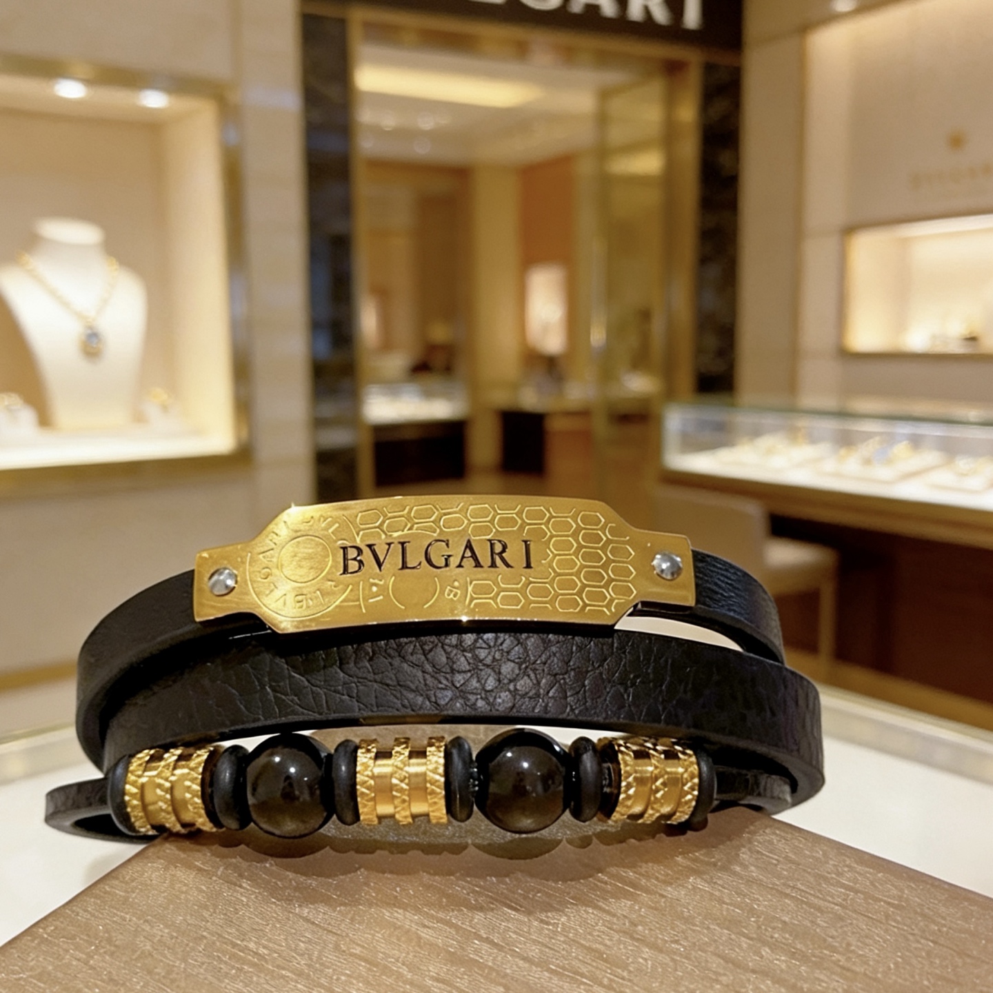 Bvlgari Serpenti Forever Coiled Leather Bracelet bracelet Yellow gold-tone metal black leather black onyx beads 19cm