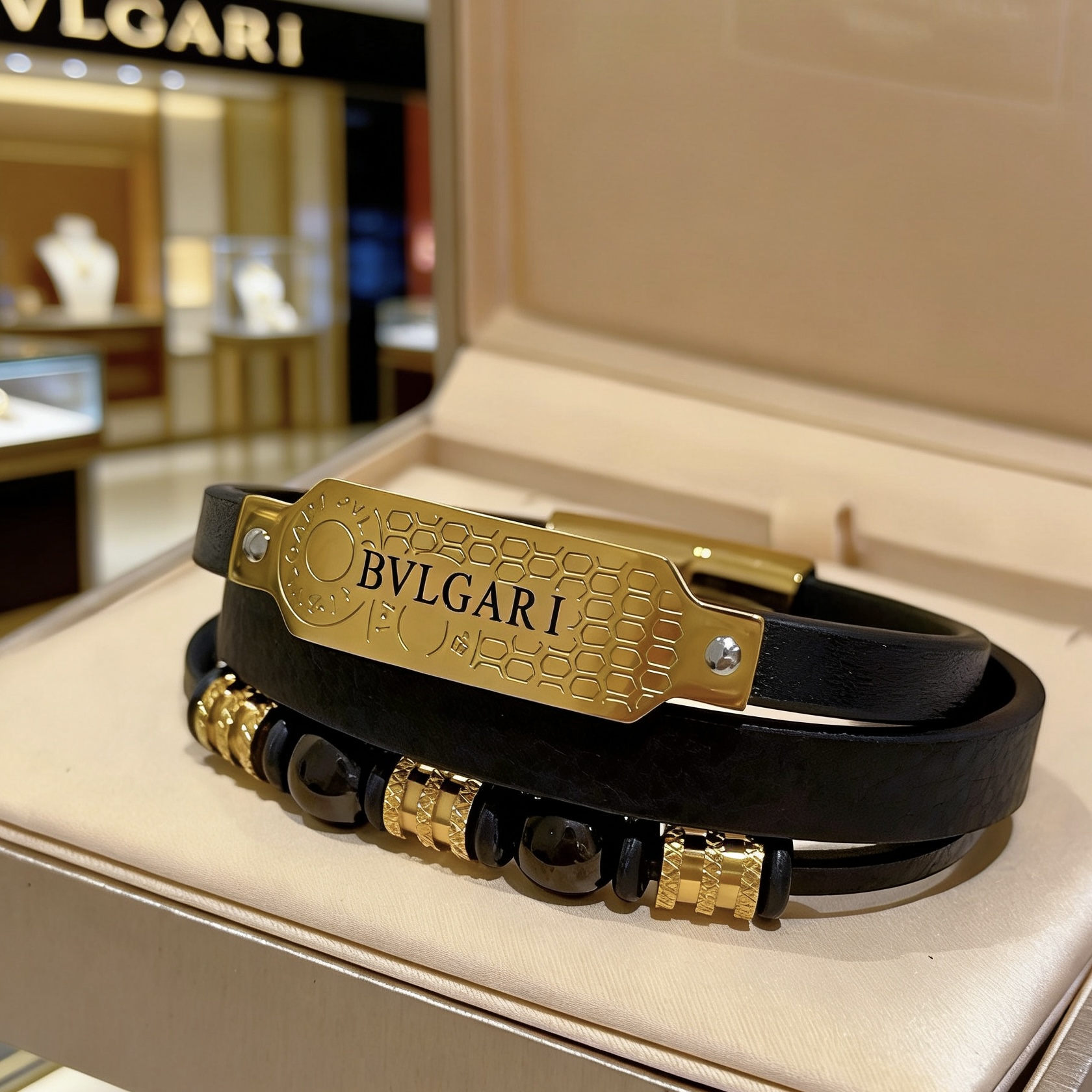 Bvlgari Serpenti Forever Coiled Leather Bracelet bracelet Yellow gold-tone metal black leather black onyx beads 19cm