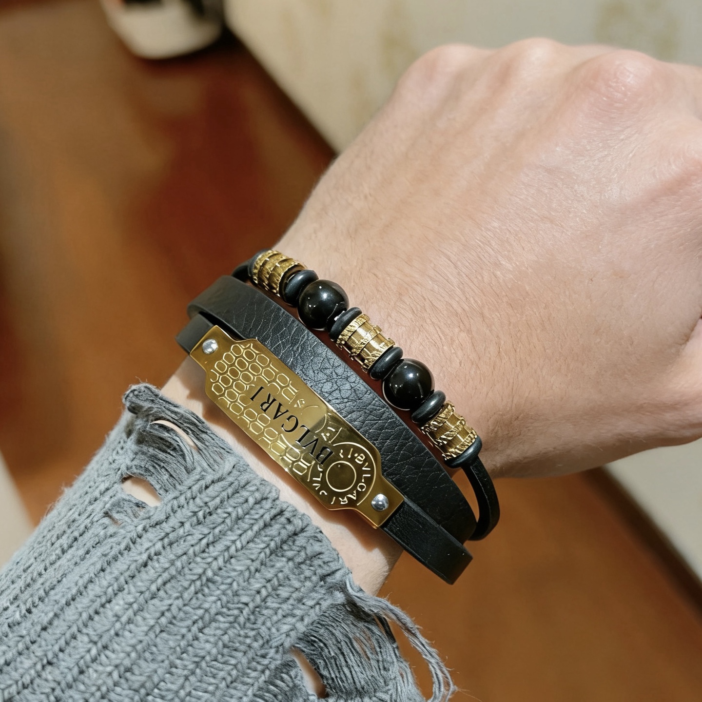 Bvlgari Serpenti Forever Coiled Leather Bracelet bracelet Yellow gold-tone metal black leather black onyx beads 19cm