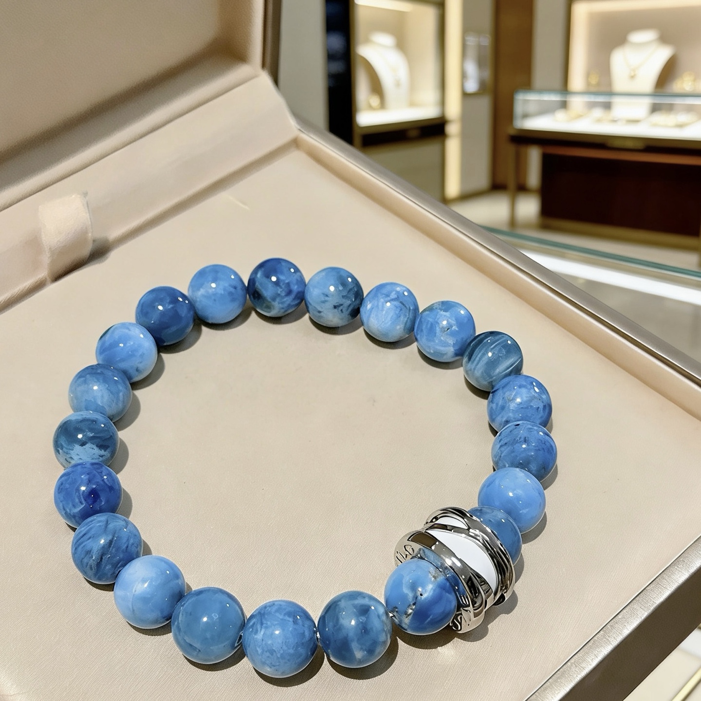 Bvlgari DIVAS DREAM bracelet Silver-toned metal with white enamel accent variegated blue stone beads 20