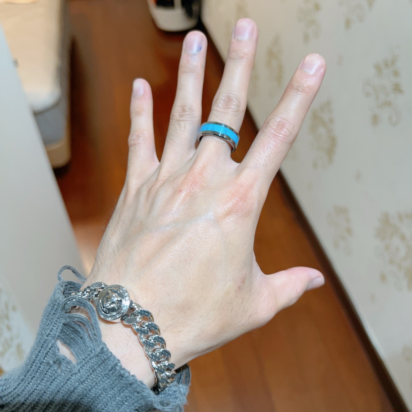 Bvlgari B zero1 ring silver-toned metal with turquoise blue stone inlay 10