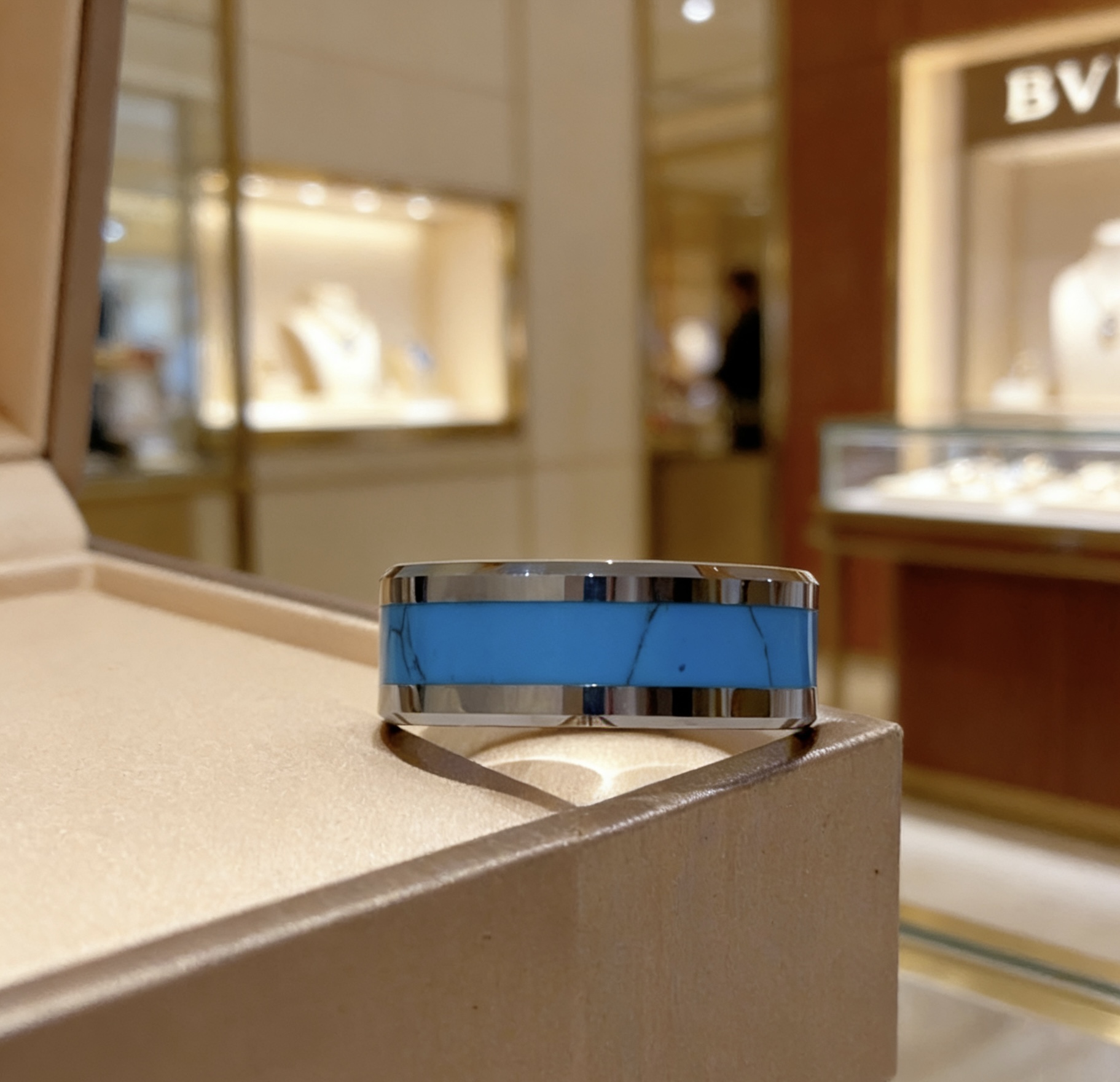 Bvlgari B zero1 ring silver-toned metal with turquoise blue stone inlay 10