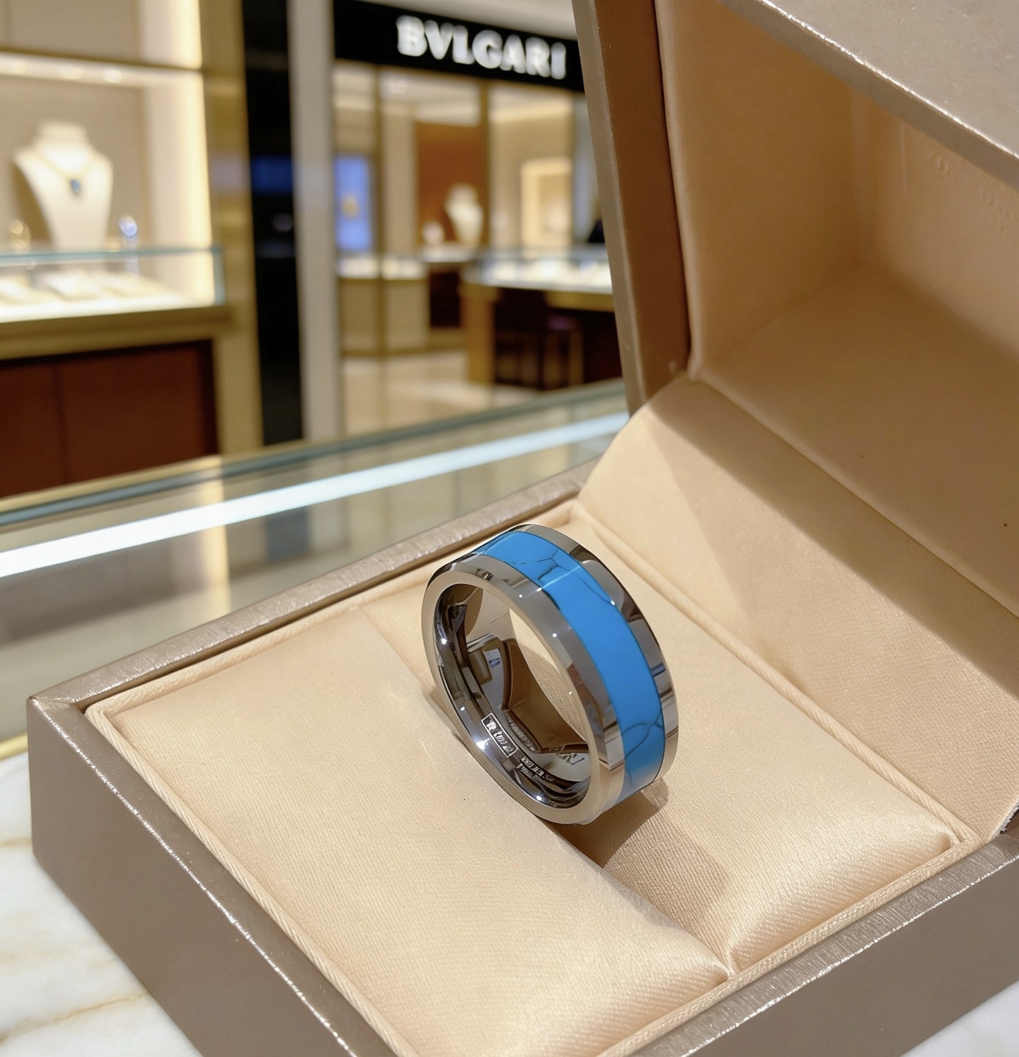 Bvlgari B zero1 ring silver-toned metal with turquoise blue stone inlay 10