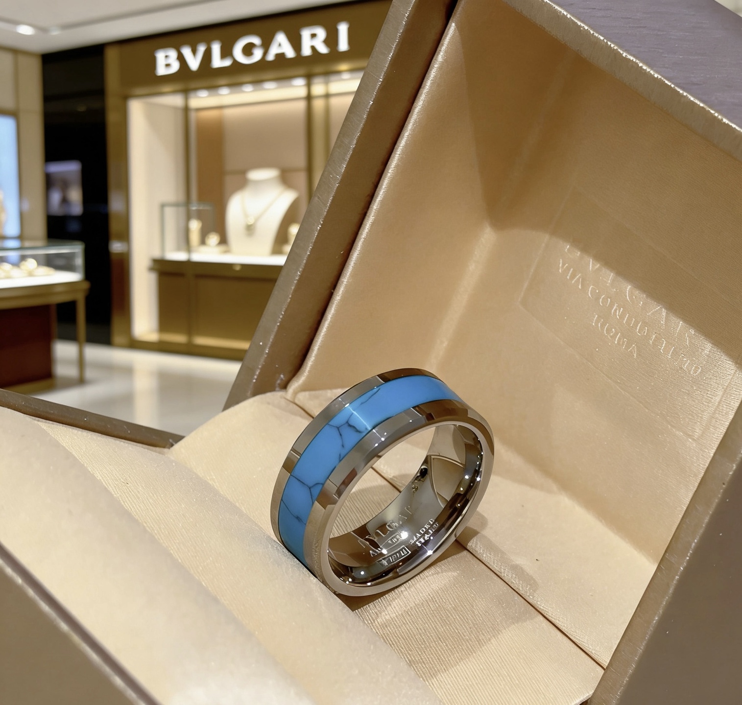 Bvlgari B zero1 ring silver-toned metal with turquoise blue stone inlay 10