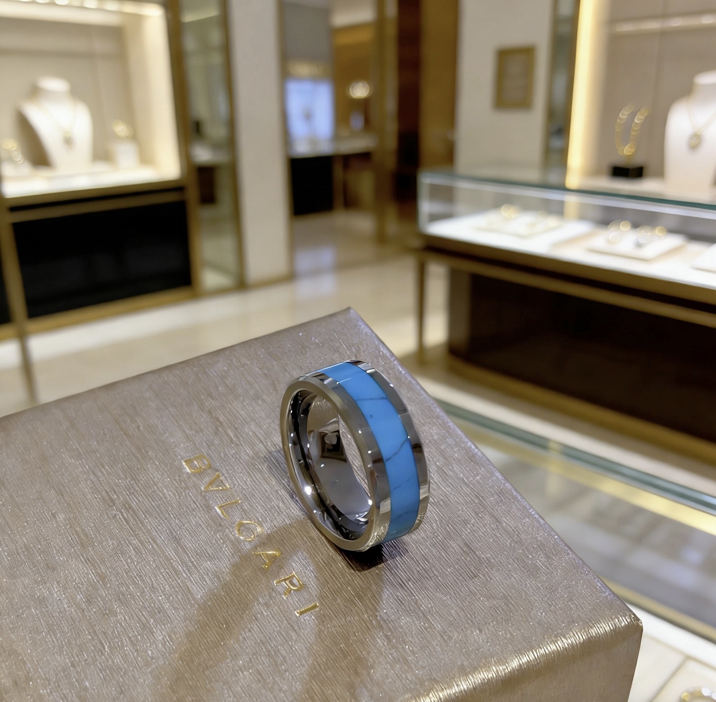Bvlgari B zero1 ring silver-toned metal with turquoise blue stone inlay 10