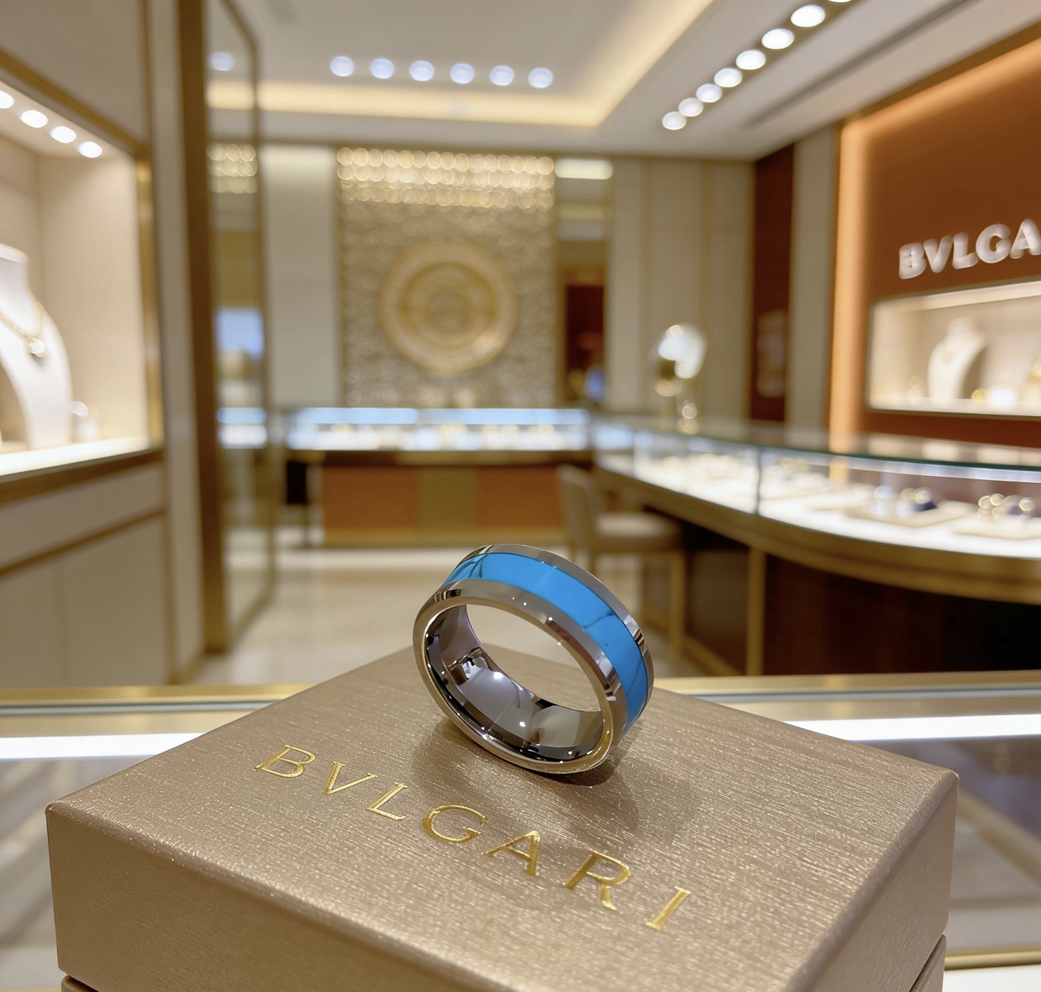 Bvlgari B zero1 ring silver-toned metal with turquoise blue stone inlay 10