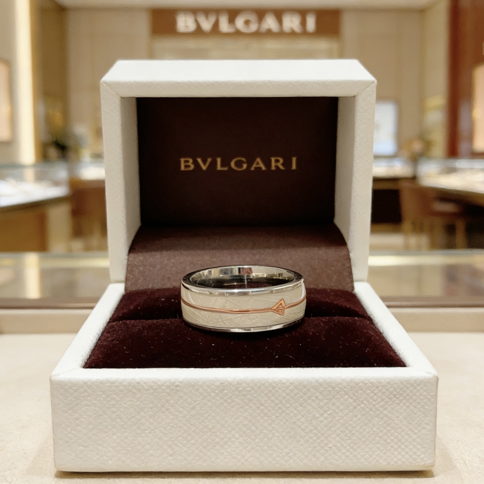 Bvlgari Bvlgari V ring silver-toned metal rose gold-toned arrow detail white enamel inlay 10