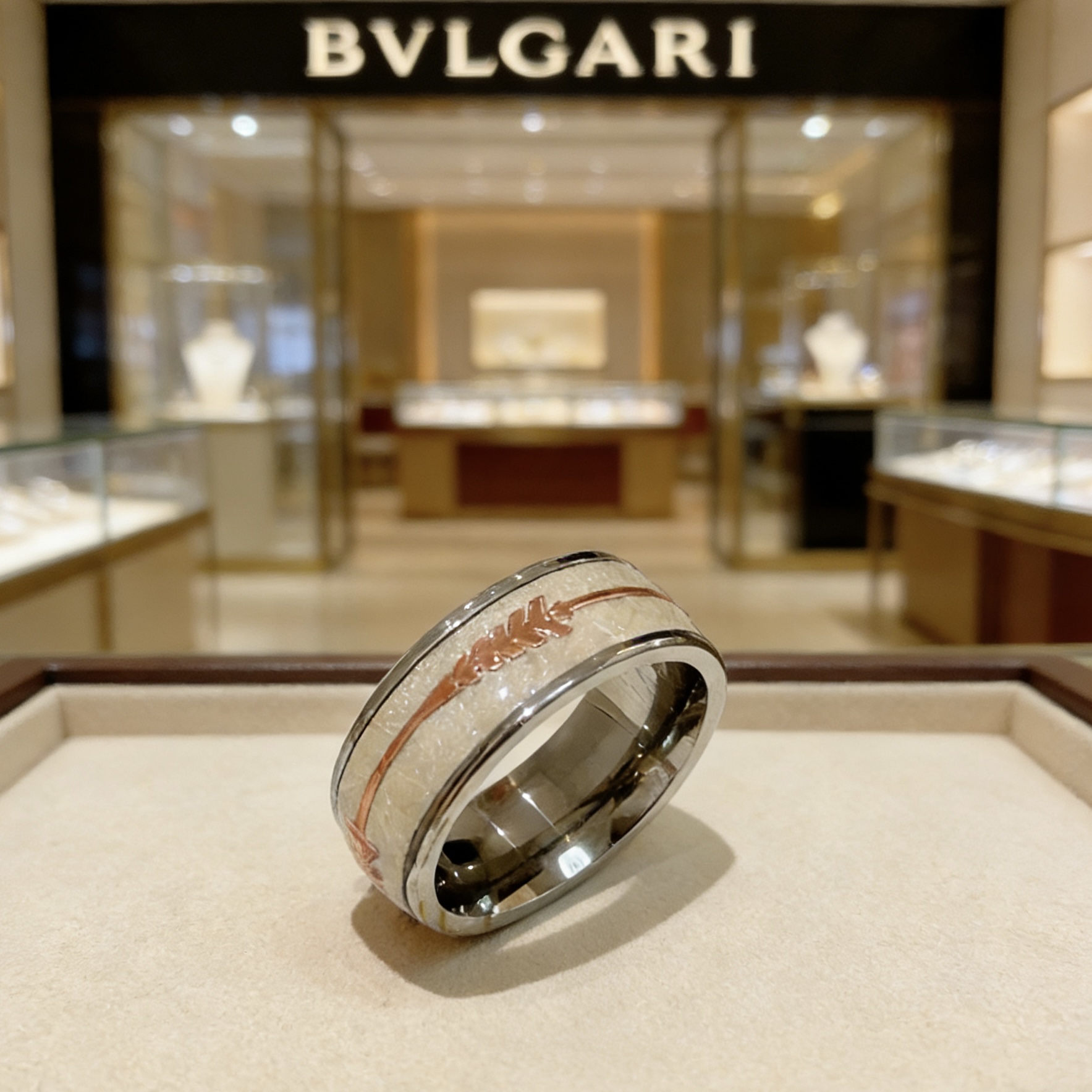 Bvlgari Bvlgari V ring silver-toned metal rose gold-toned arrow detail white enamel inlay 10