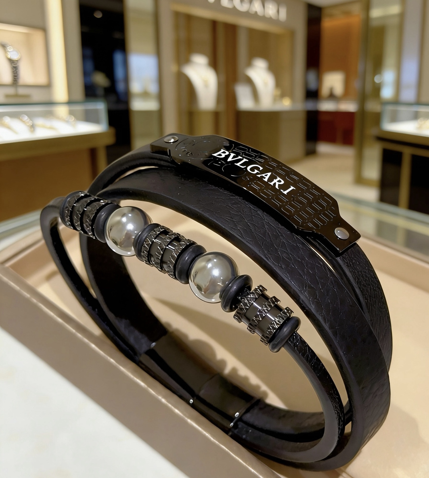 Bracciale Bvlgari Serpenti Forever Coiled Leather Bracciale Pelle nera con hardware in metallo nero canna di fucile e accenti sferici color argento 19 cm